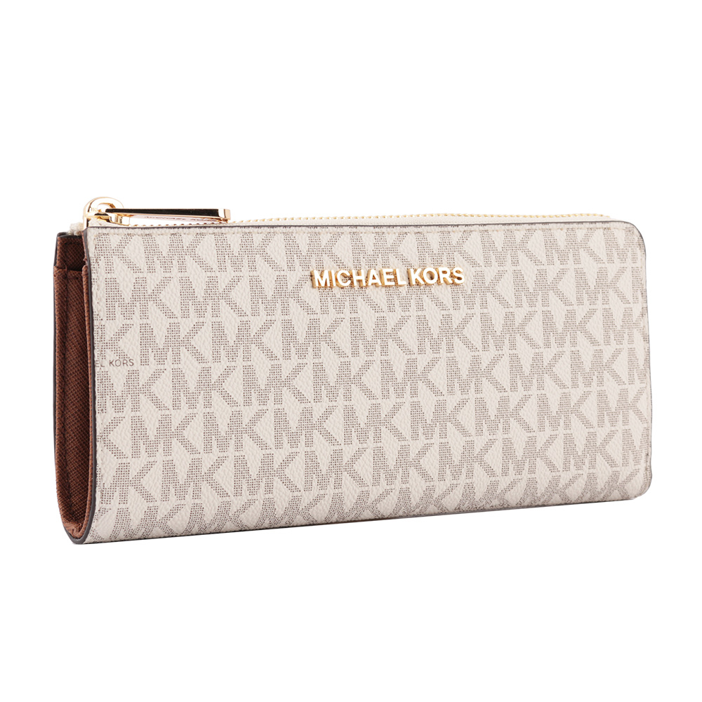 【MICHAEL KORS】金字 LOGO PVC L型拉鍊長夾(香草色) 35F8GTVZ3B VANILLA