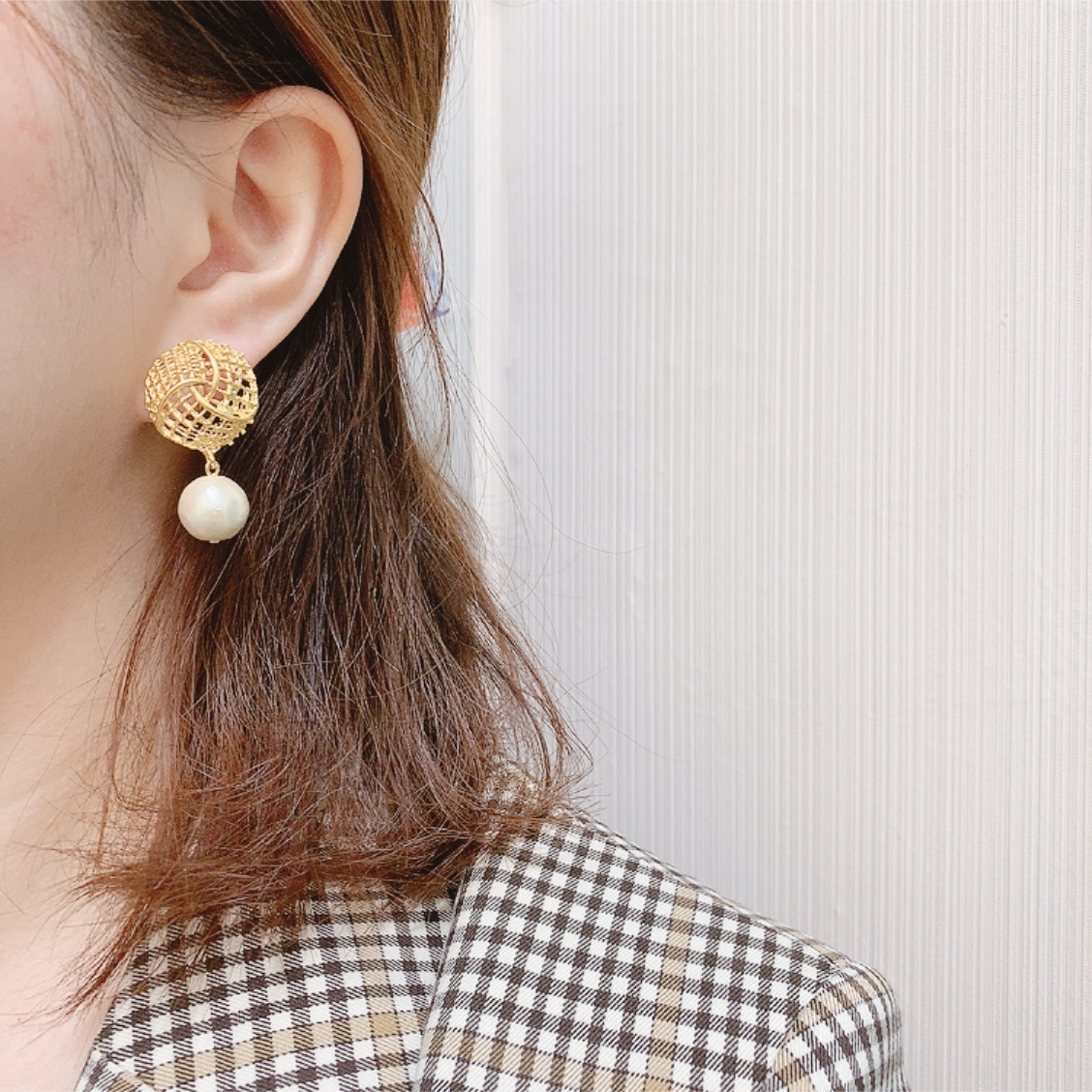 [日本制]Farbe 金屬網紋珍珠耳環