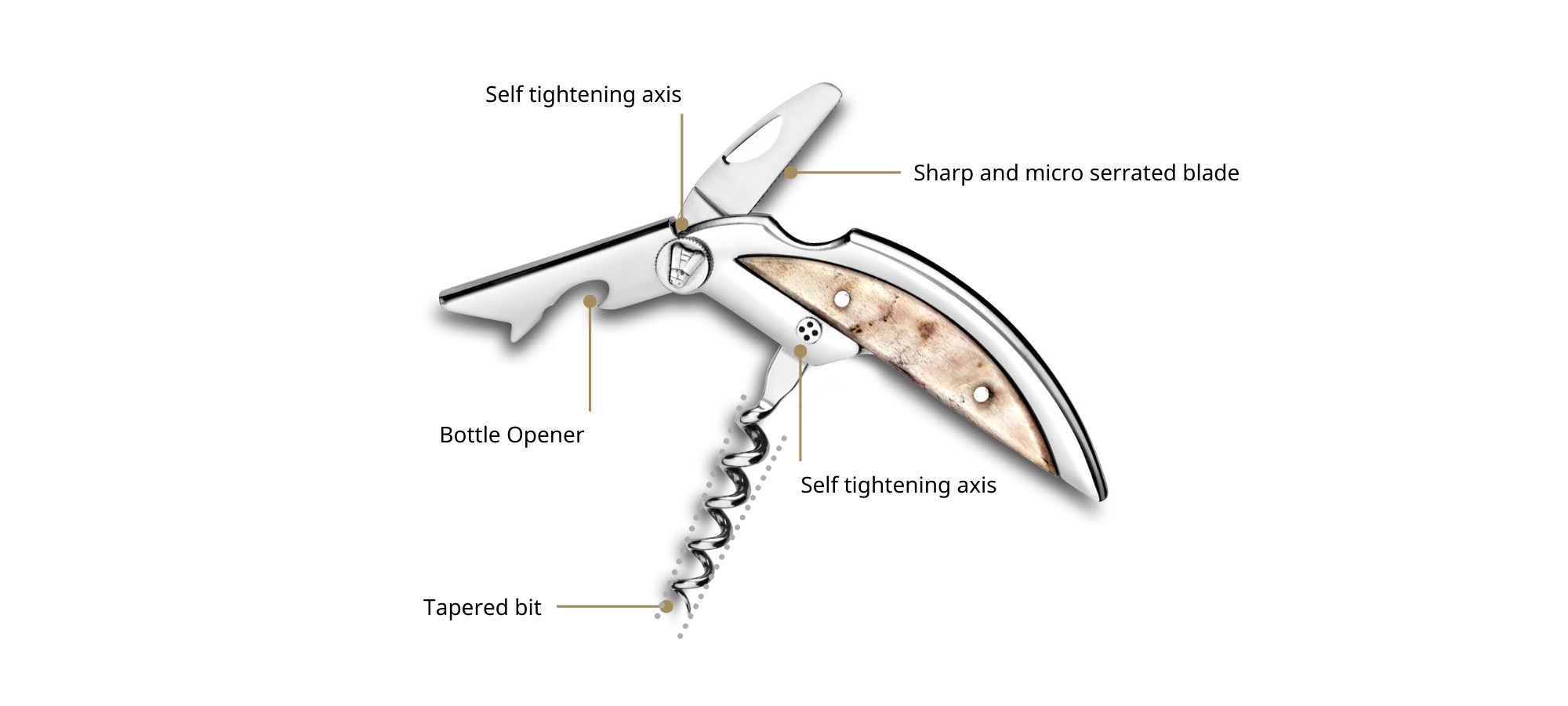 Haute Cuisine handcrafted sommelier corkscrew - technical details: Tapered bit, sharp serrated blade, tightening axis