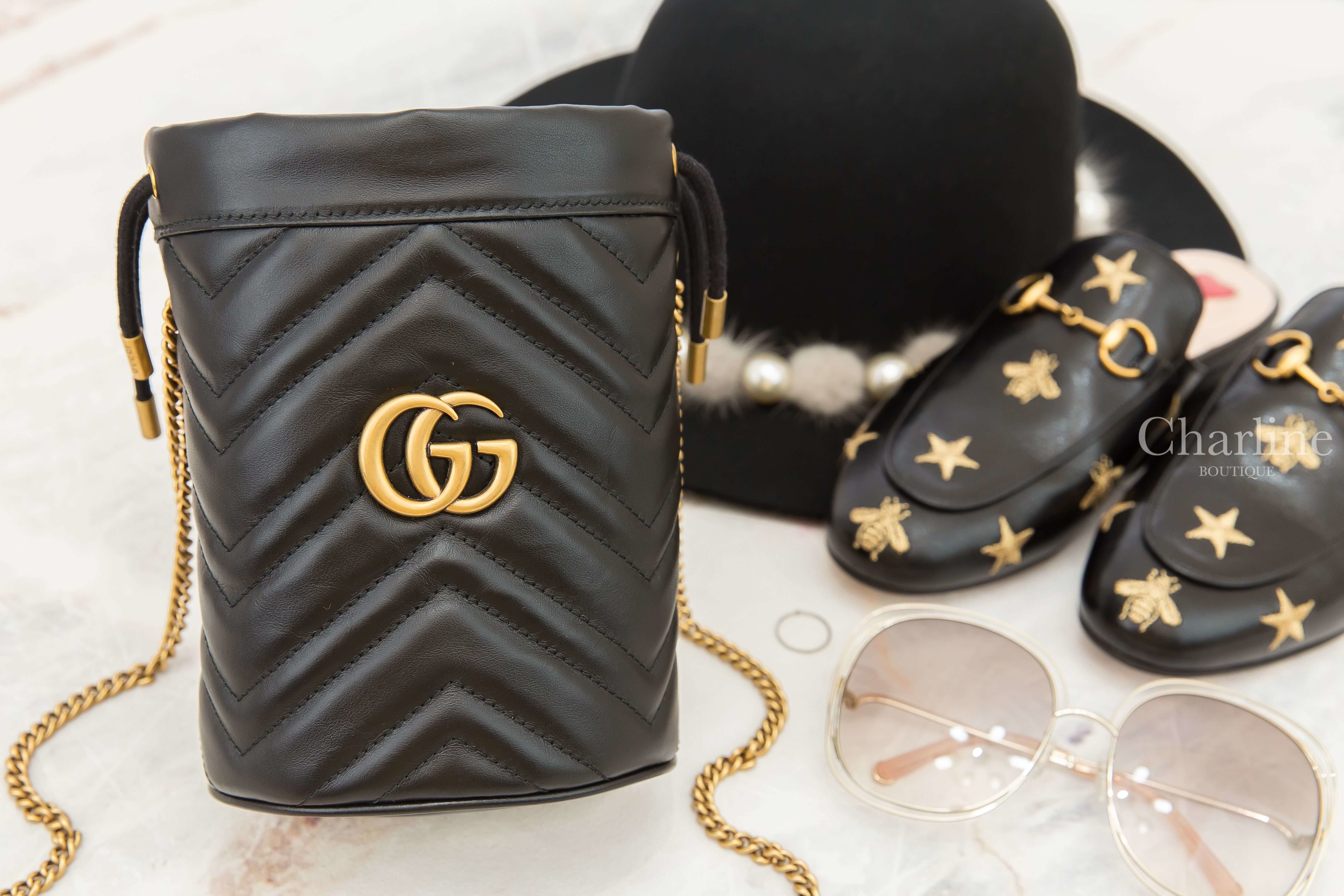 Gucci GG Marmont Mini Bucket Bag 黑色金GG金鍊小牛皮水桶包
