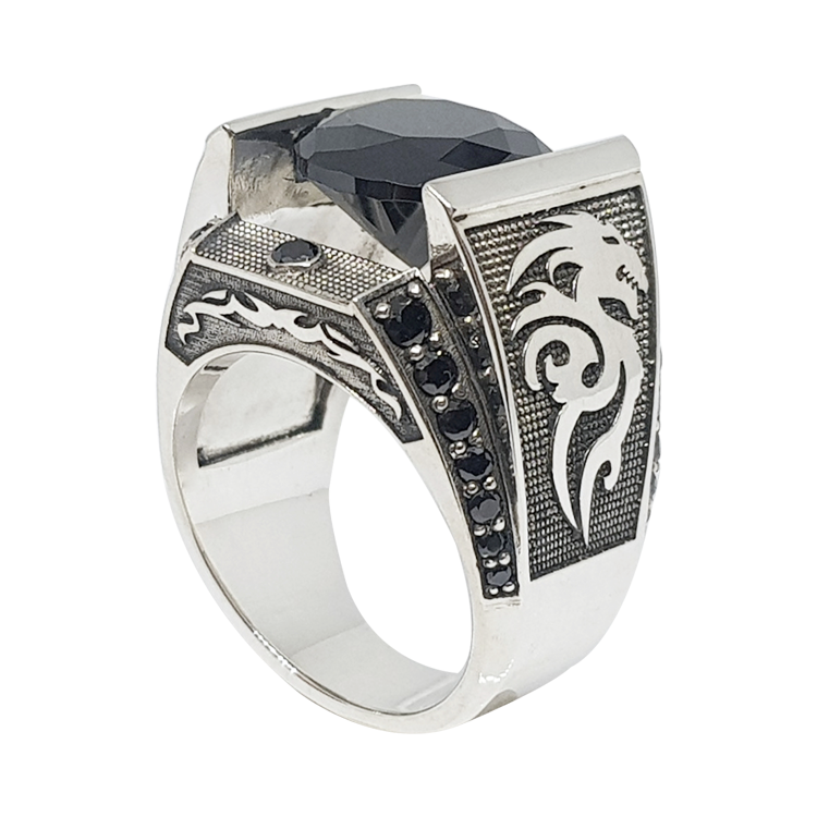 純銀戒指，男士戒指 龍圖騰特殊鏤空夾鑽設計；權威不顯自明（0312）