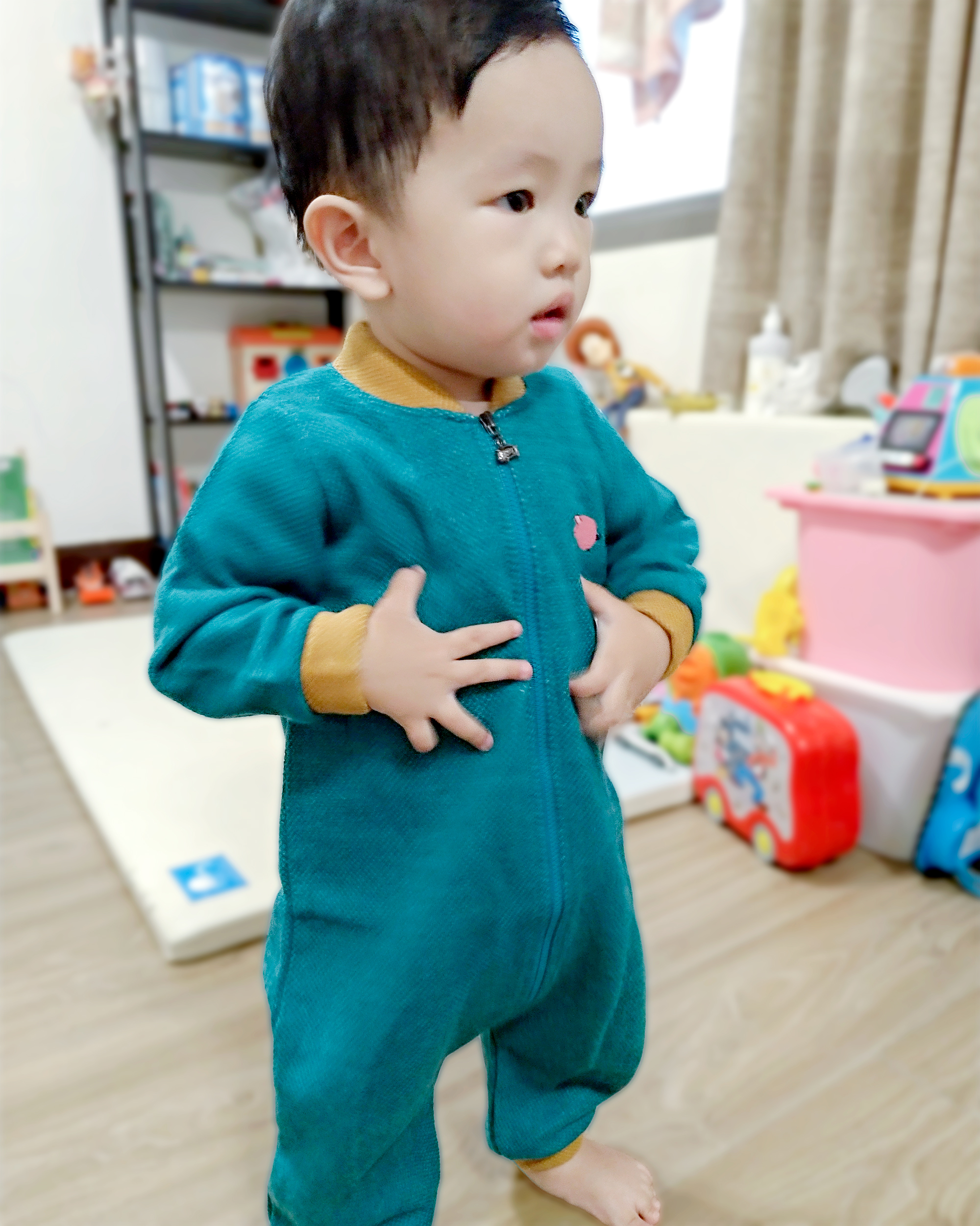 韓國 Eepple 亮眼撞色拉鍊式連身衣 - 80尺寸綠色