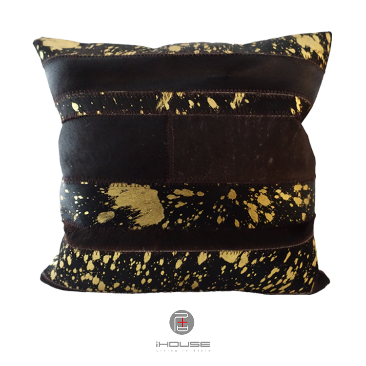 皮革抱枕 咖啡金橫條