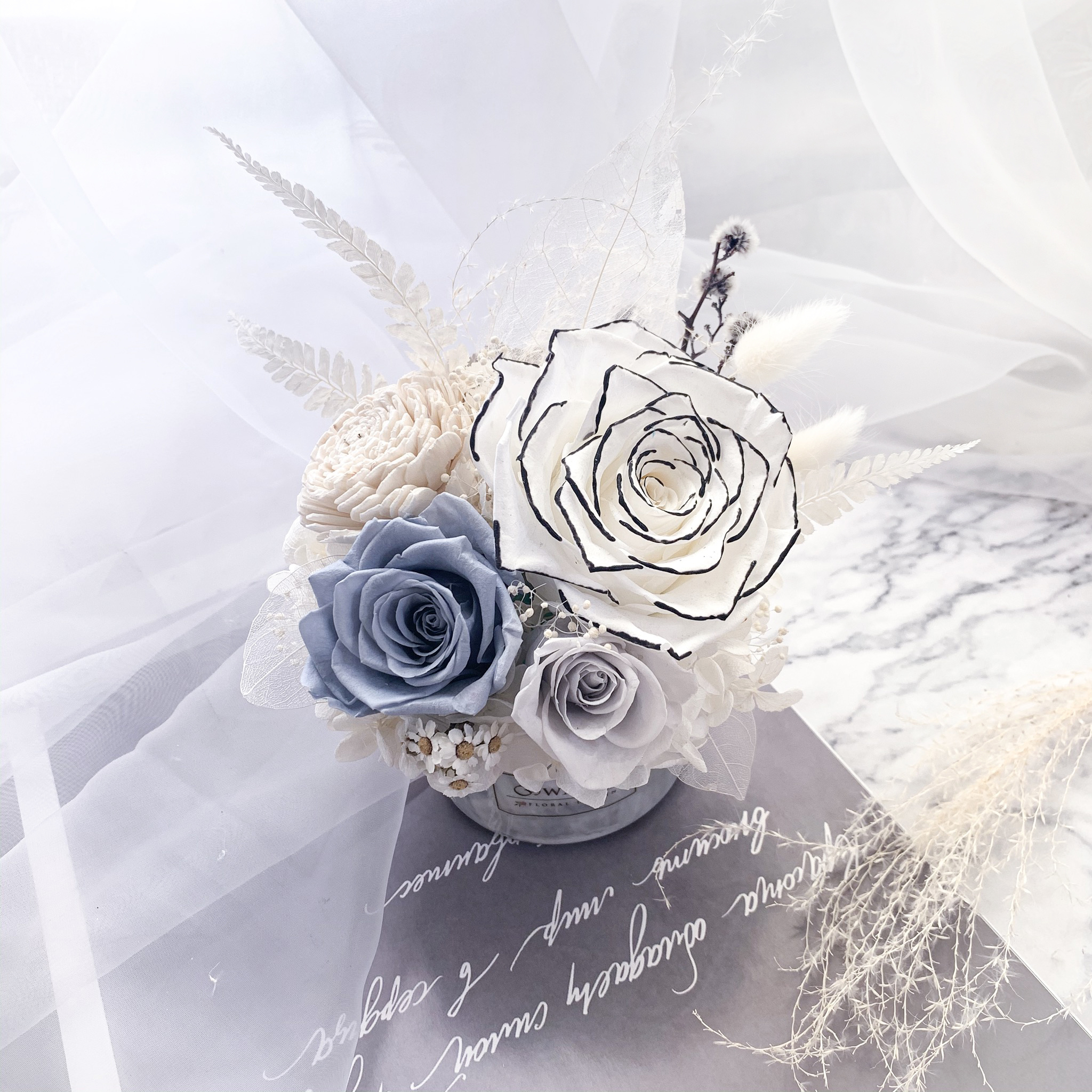 Wanyi 小香風玫瑰盆花乾燥花永生花莫蘭粉香氛盆花開幕禮