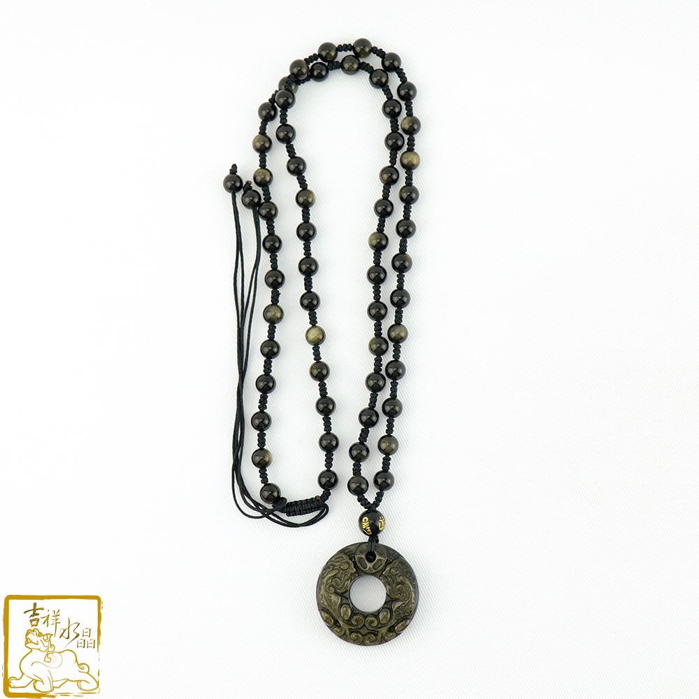 金沙黑曜石雙貔貅項鍊 3cm 招財辟邪