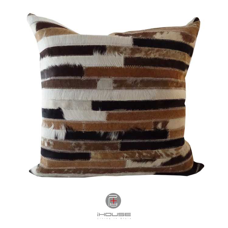 皮革抱枕 多色細條拼接