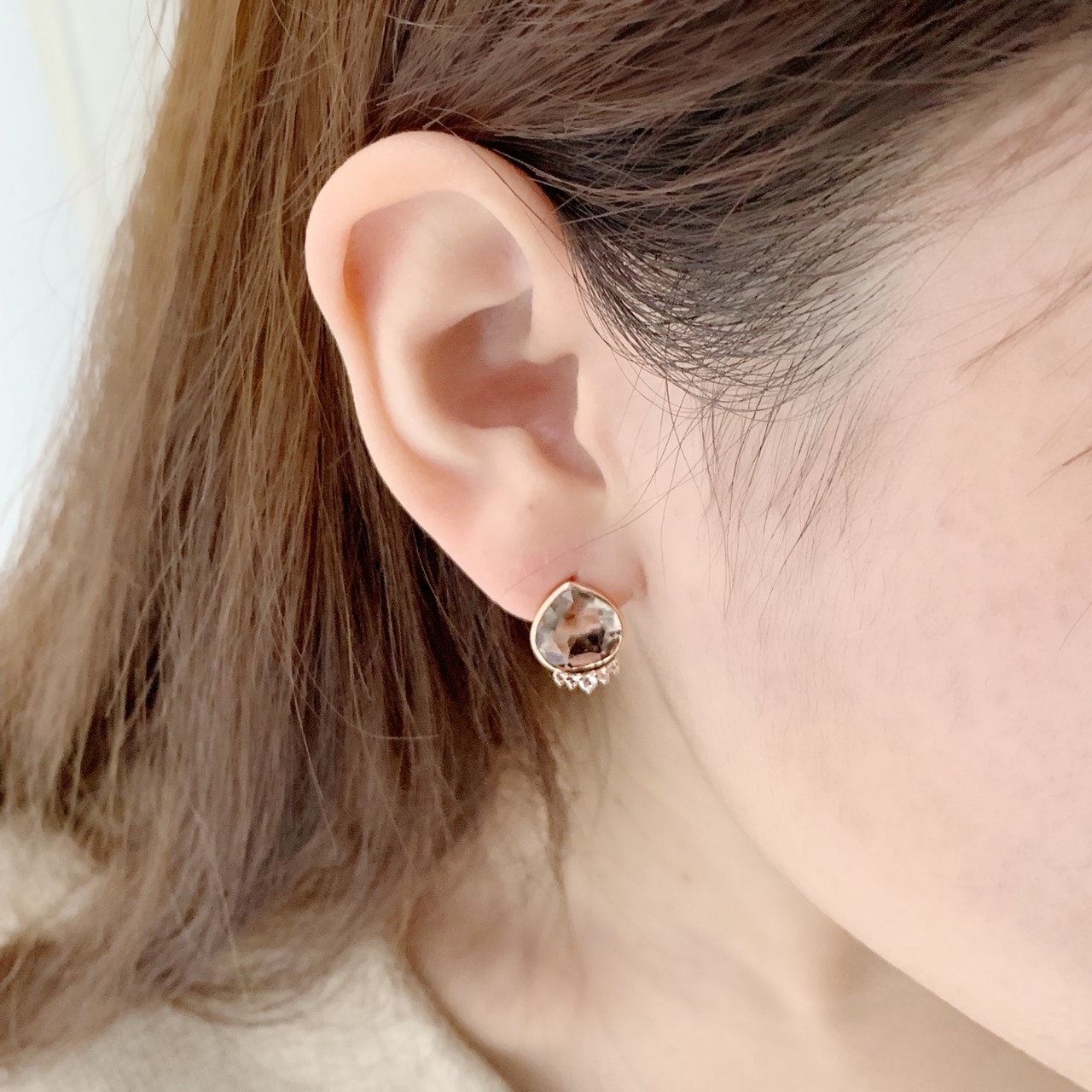 成熟姊姊心茶晶耳環-玫瑰金