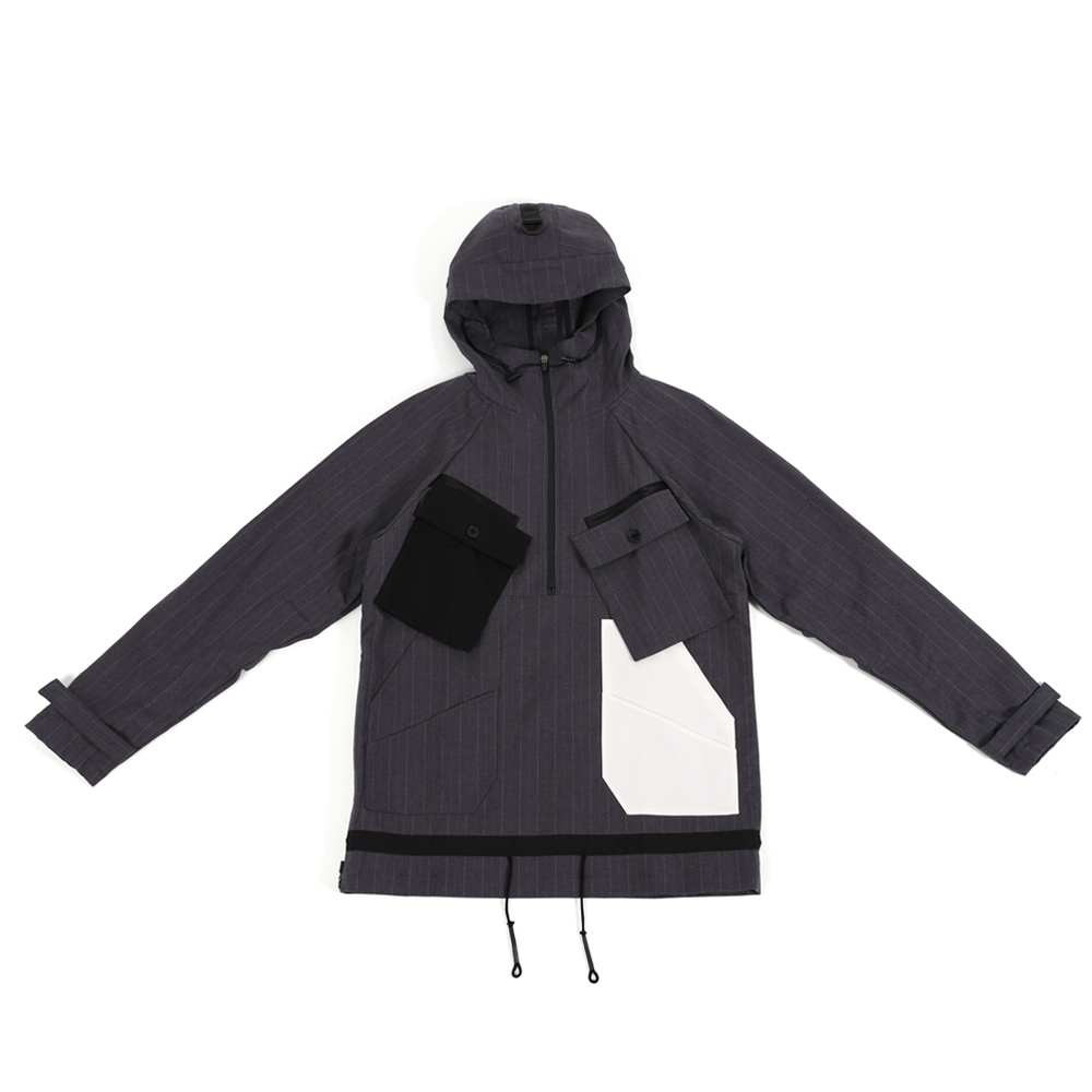 貼袋半襟連帽夾克- (灰條)