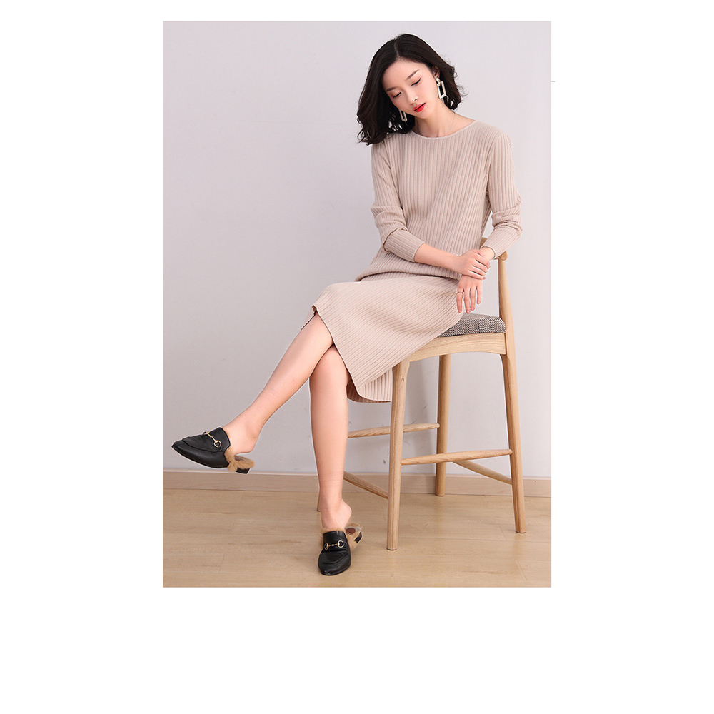 DEER.W 圓領坑條直筒針織洋裝 杏色