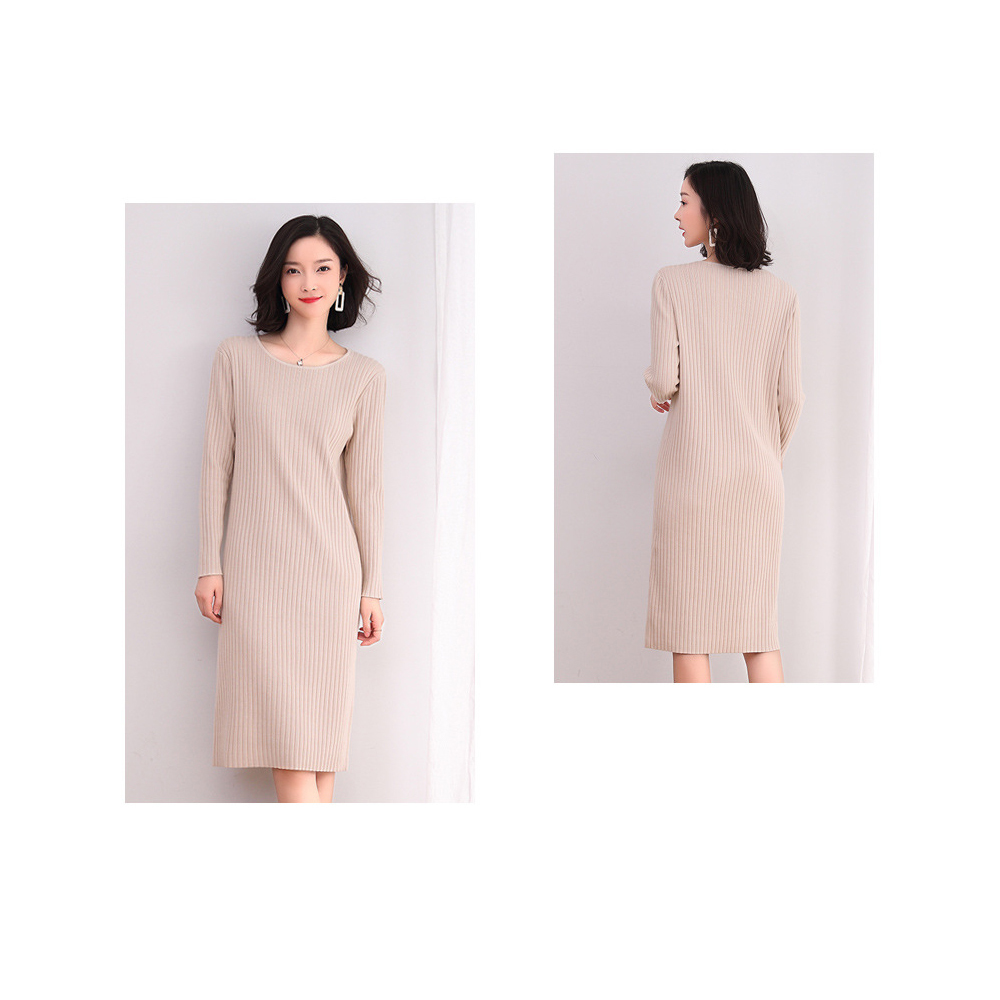 DEER.W 圓領坑條直筒針織洋裝 杏色