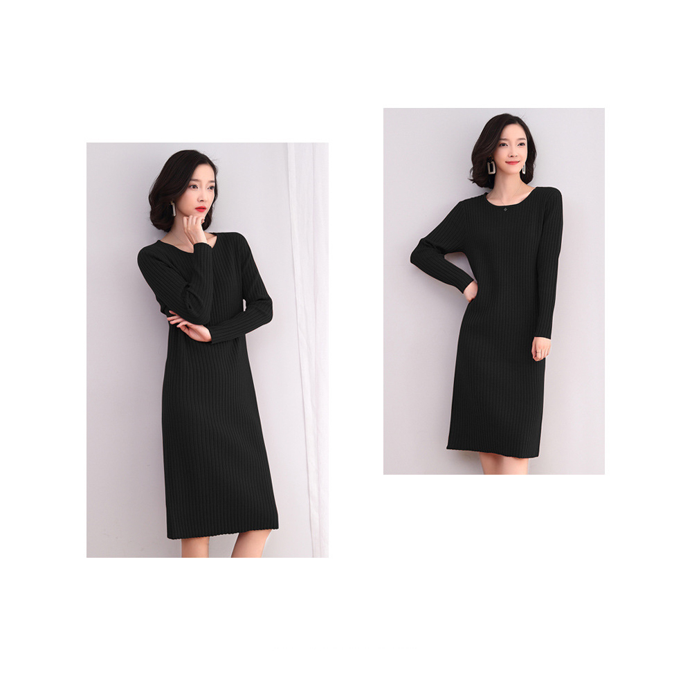 DEER.W 圓領坑條直筒針織洋裝 黑色