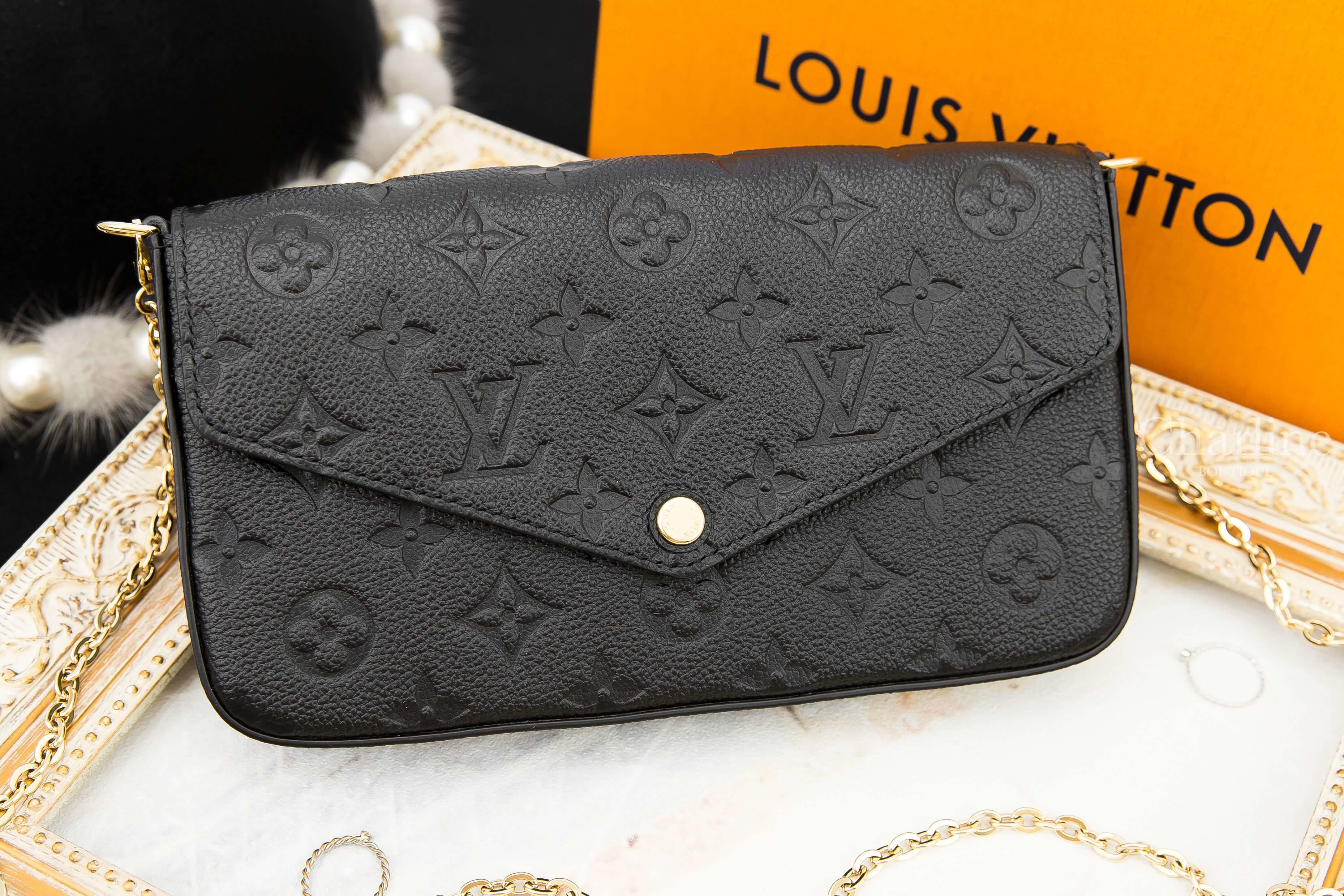 Louis Vuitton Félicie Pochette 黑色老花小牛皮金色鍊帶長夾