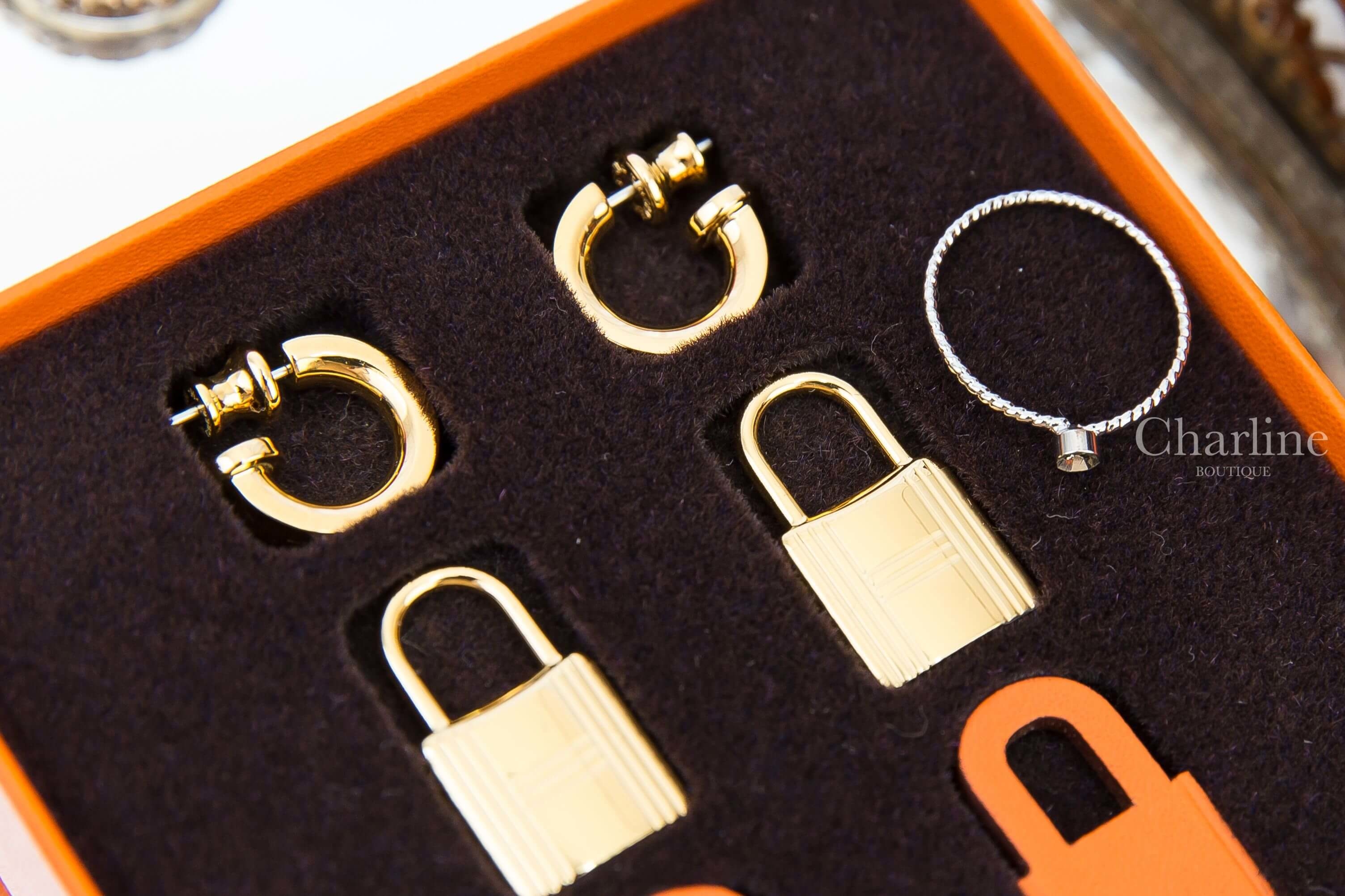 Hermès O'Kelly Earrings 橘色金色鎖頭三件組耳環