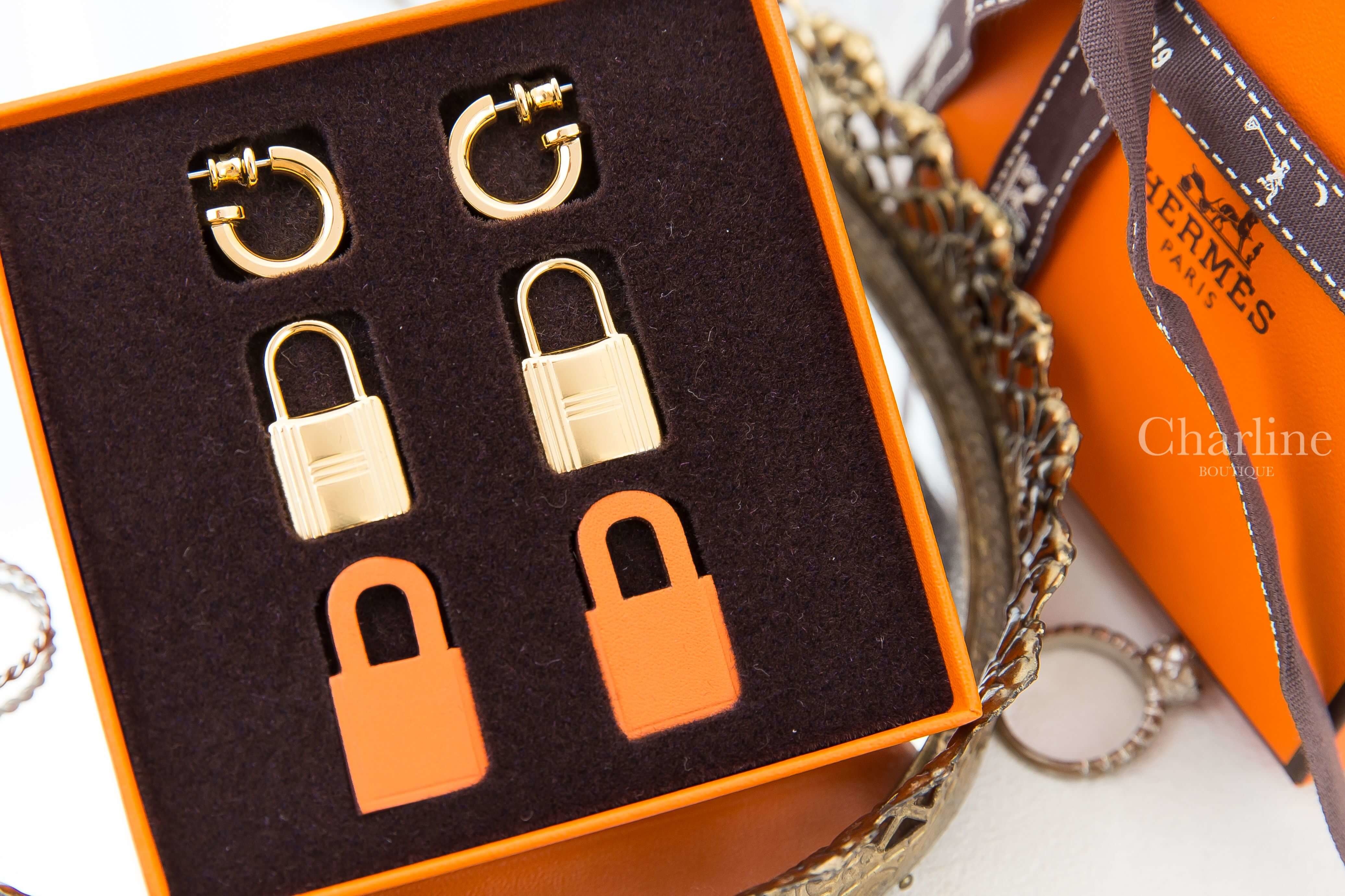 Hermès O'Kelly Earrings 橘色金色鎖頭三件組耳環