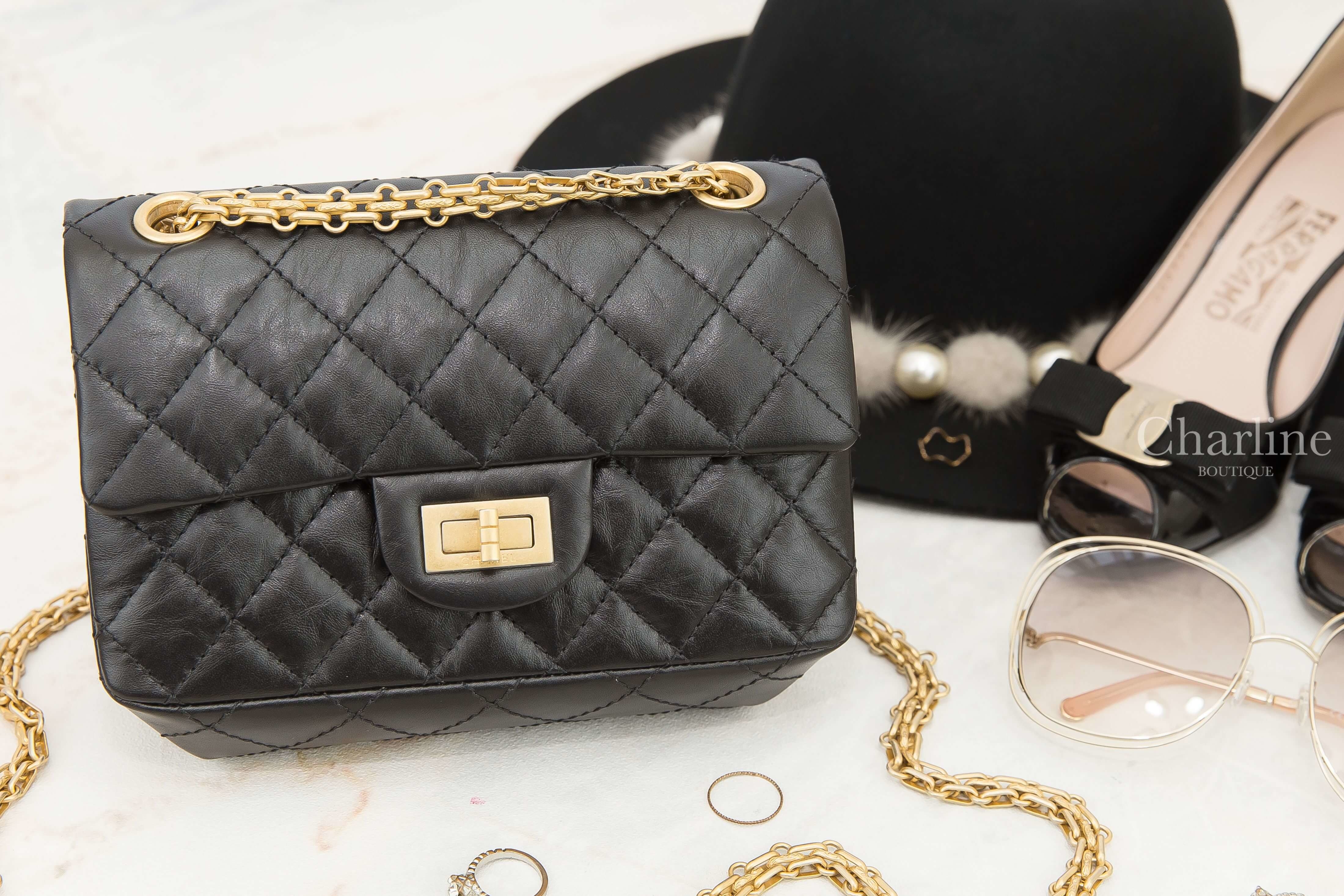 Chanel Mini 2.55 Handbag 黑色金釦金鍊小型仿舊小牛皮菱格紋肩背包