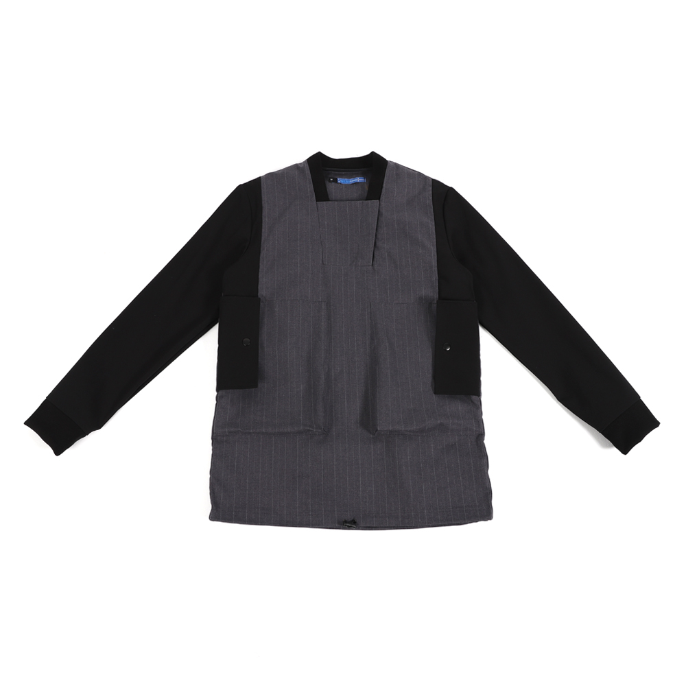 梯形領防潑水假兩件上衣 - 灰條