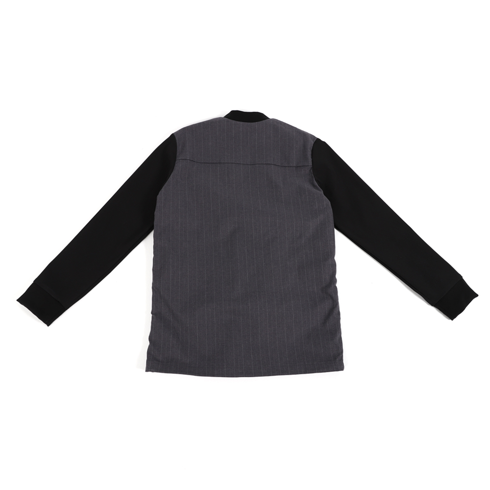 梯形領防潑水假兩件上衣 - 灰條