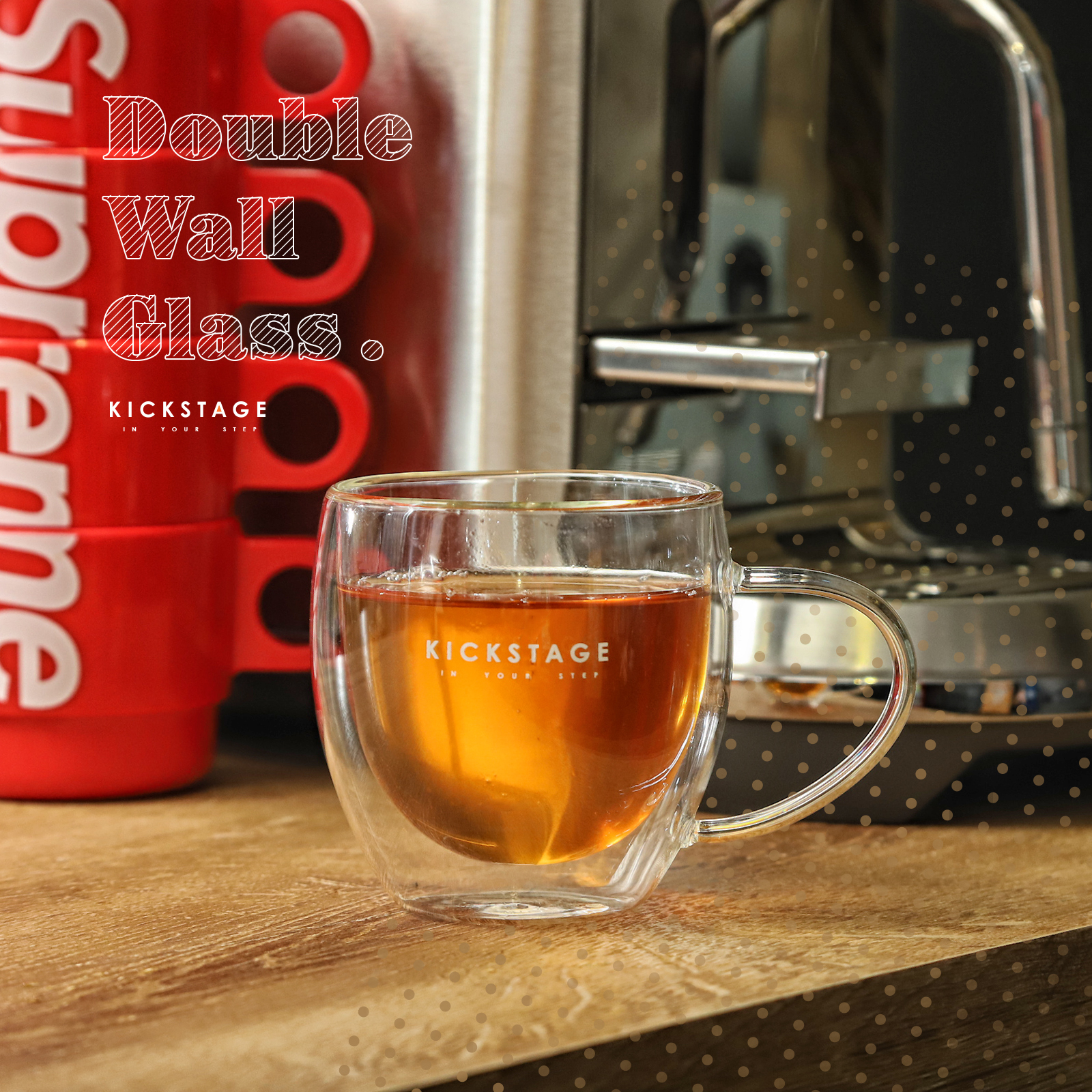 KICKSTAGE 雙層玻璃杯 咖啡 飲料 耐熱防燙 防水珠 250ML【KS48】