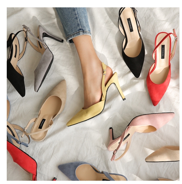 尖頭真皮 麂皮裸跟跟鞋  (33-41)   ( 紅/ 墨綠/ 藍/ 深藍/ 灰/ 咖/ 黑)(6CM/8CM/10CM)