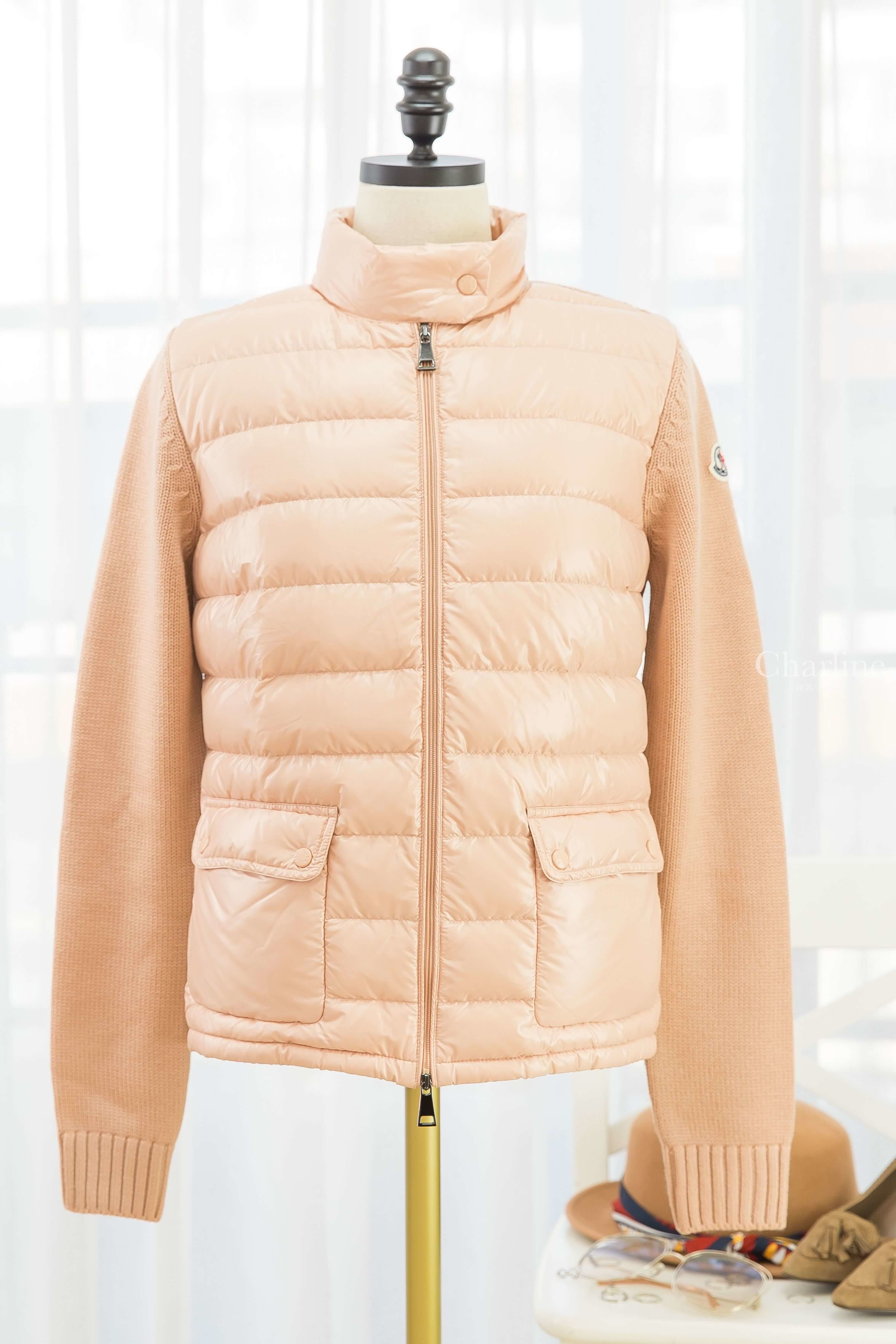 Moncler Lined Jumper 粉橘色拼接針織小立領雙口袋羽絨外套