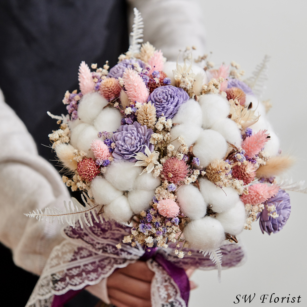 ｜新娘捧花 婚紗捧花 乾燥花 基本款 田園風 粉紫色｜ 圓形放射形｜