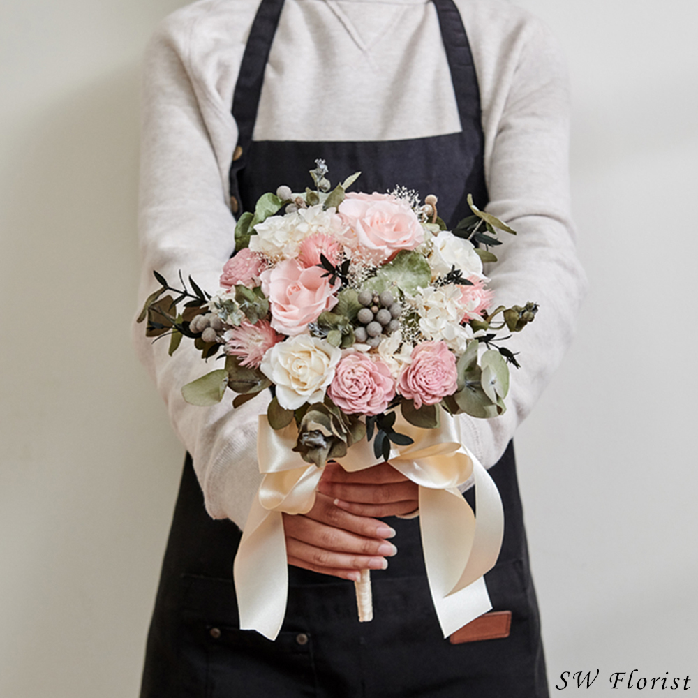 ｜新娘捧花 婚紗捧花 乾燥花 不凋花 浪漫氛圍 甜蜜粉｜圓形放射形｜