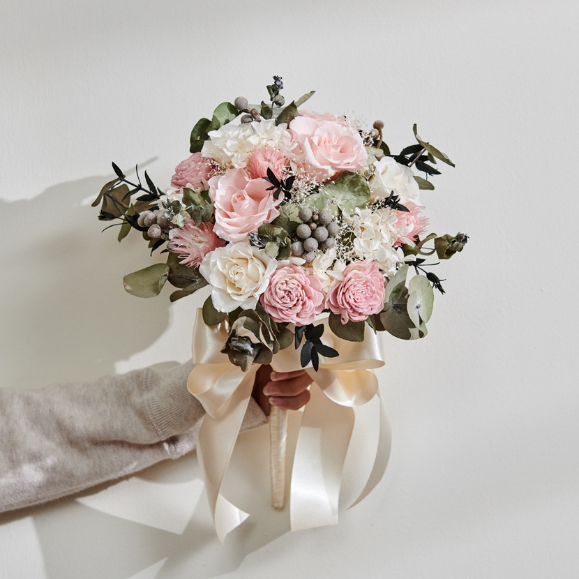 ｜新娘捧花 婚紗捧花 乾燥花 不凋花 浪漫氛圍 甜蜜粉｜圓形放射形｜