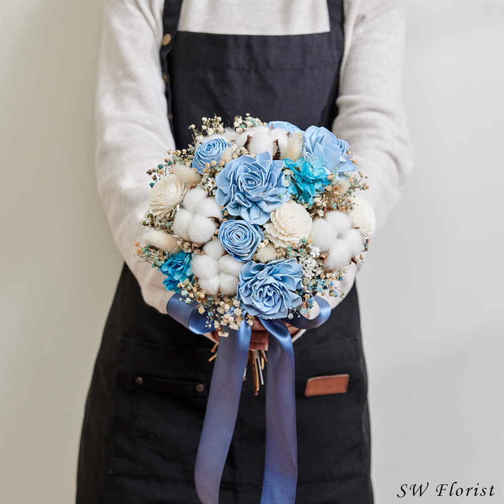 ｜新娘捧花 婚紗捧花 乾燥花 不凋花 夢幻氛圍 湖藍色｜圓形｜
