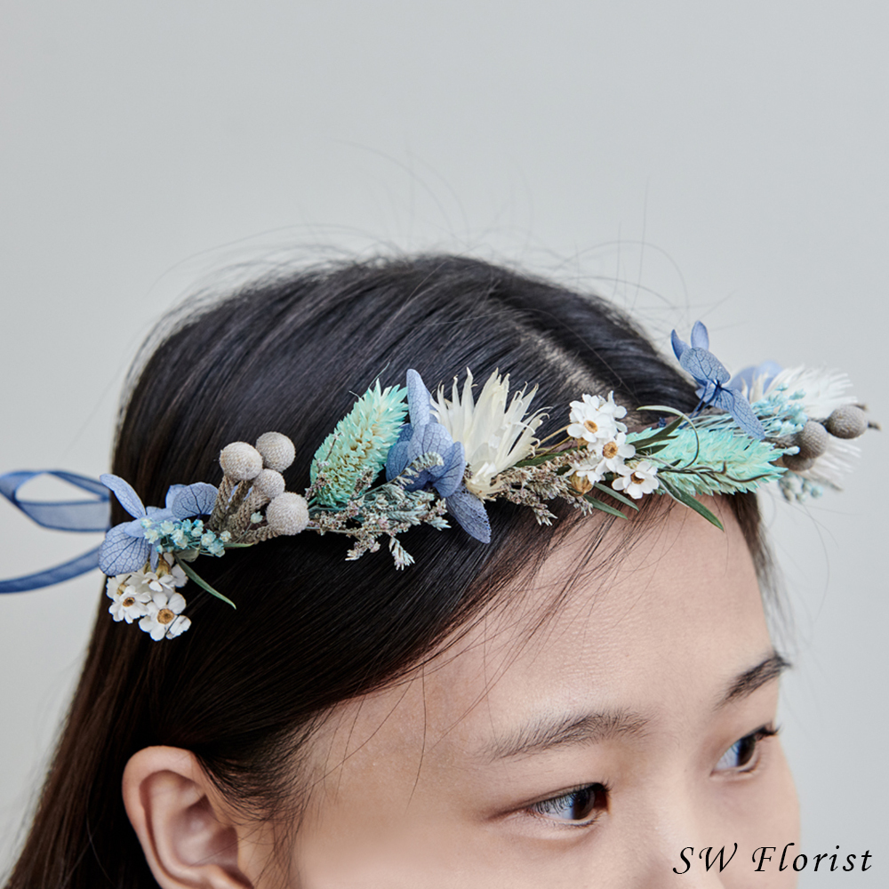 ｜乾燥花頭冠花 新娘頭冠花 不凋花 夢幻少女 湖藍色｜婚禮周邊 新娘配件｜