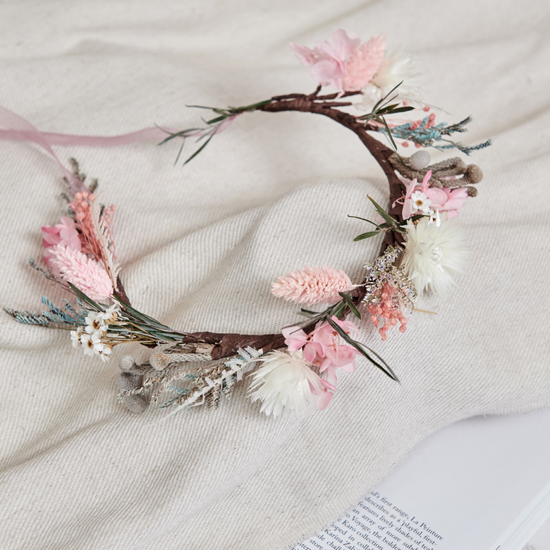 ｜乾燥花頭冠花 新娘頭冠花 不凋花 夢幻少女 甜蜜粉｜婚禮周邊 新娘配件｜