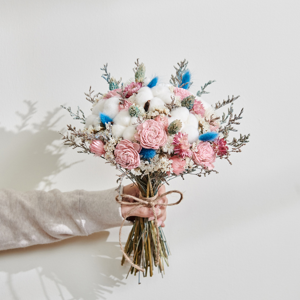 ｜新娘捧花 婚紗捧花 乾燥花 海洋藍 夢幻粉｜圓形放射形｜