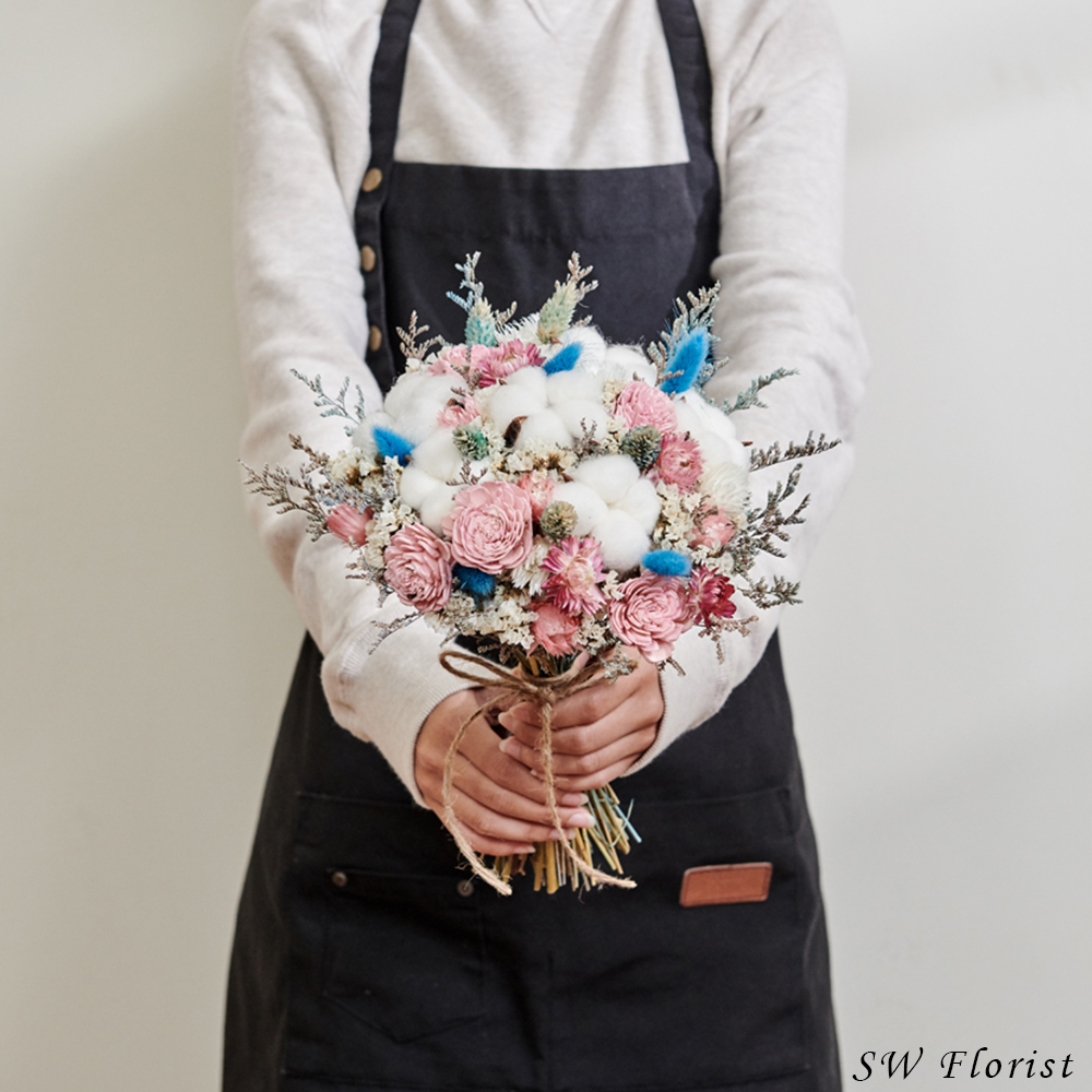 ｜新娘捧花 婚紗捧花 乾燥花 海洋藍 夢幻粉｜圓形放射形｜