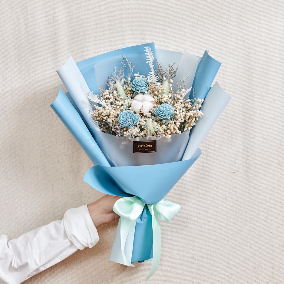 ｜經典浪漫藍乾燥花束 畢業花束 情人節禮物 中型花束｜