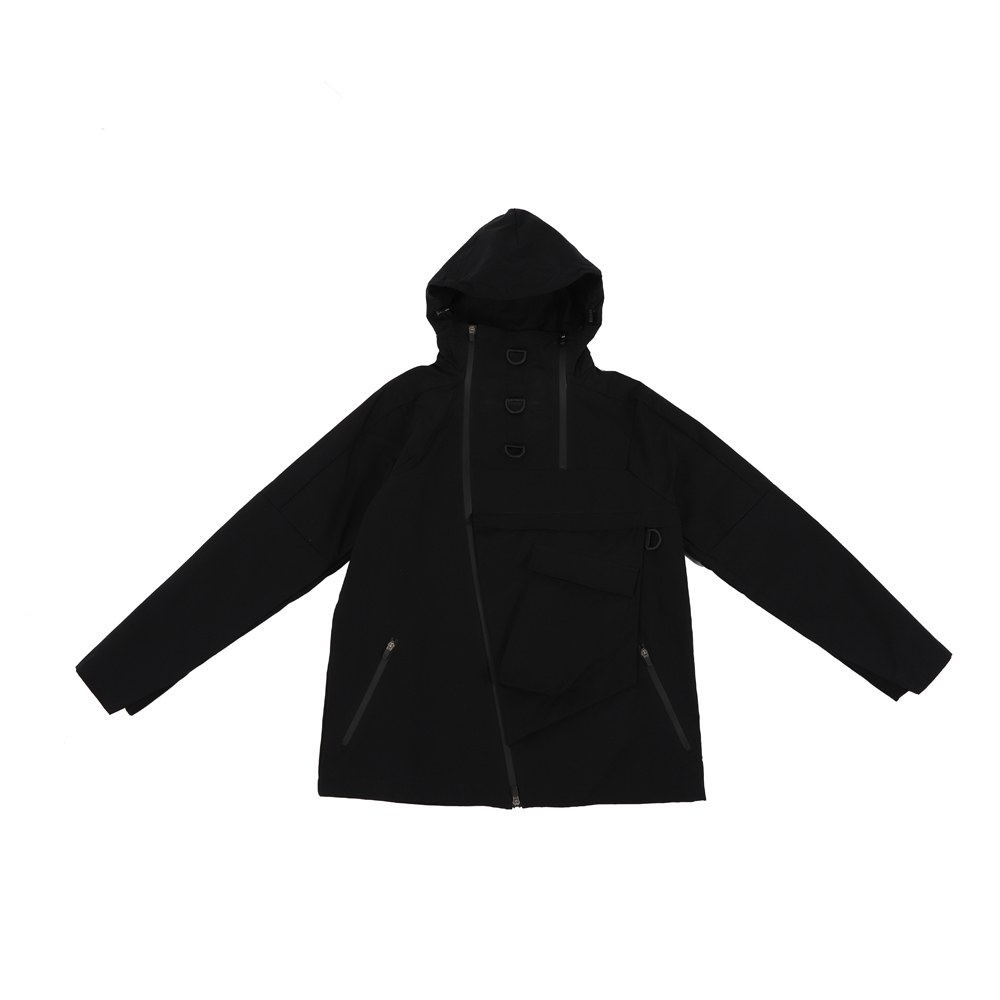 【Last】斜拉鍊防潑水連帽高領夾克- (黑)