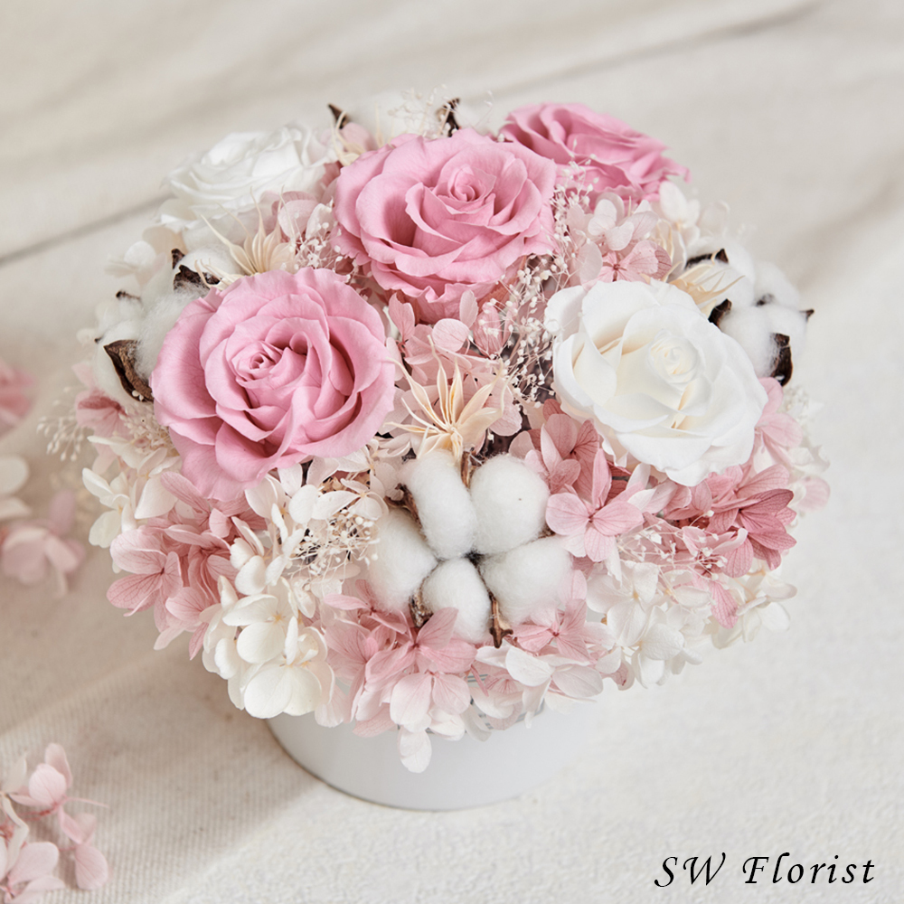 ｜經典款不凋花桌花 永生花 乾燥花 桌花設計 裸粉 圓形 大型桌花 白盆｜