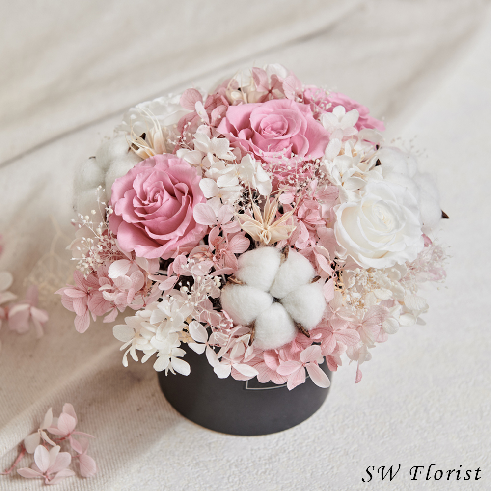 ｜經典款不凋花桌花 永生花 乾燥花 桌花設計 裸粉 圓形 大型桌花 黑盆｜