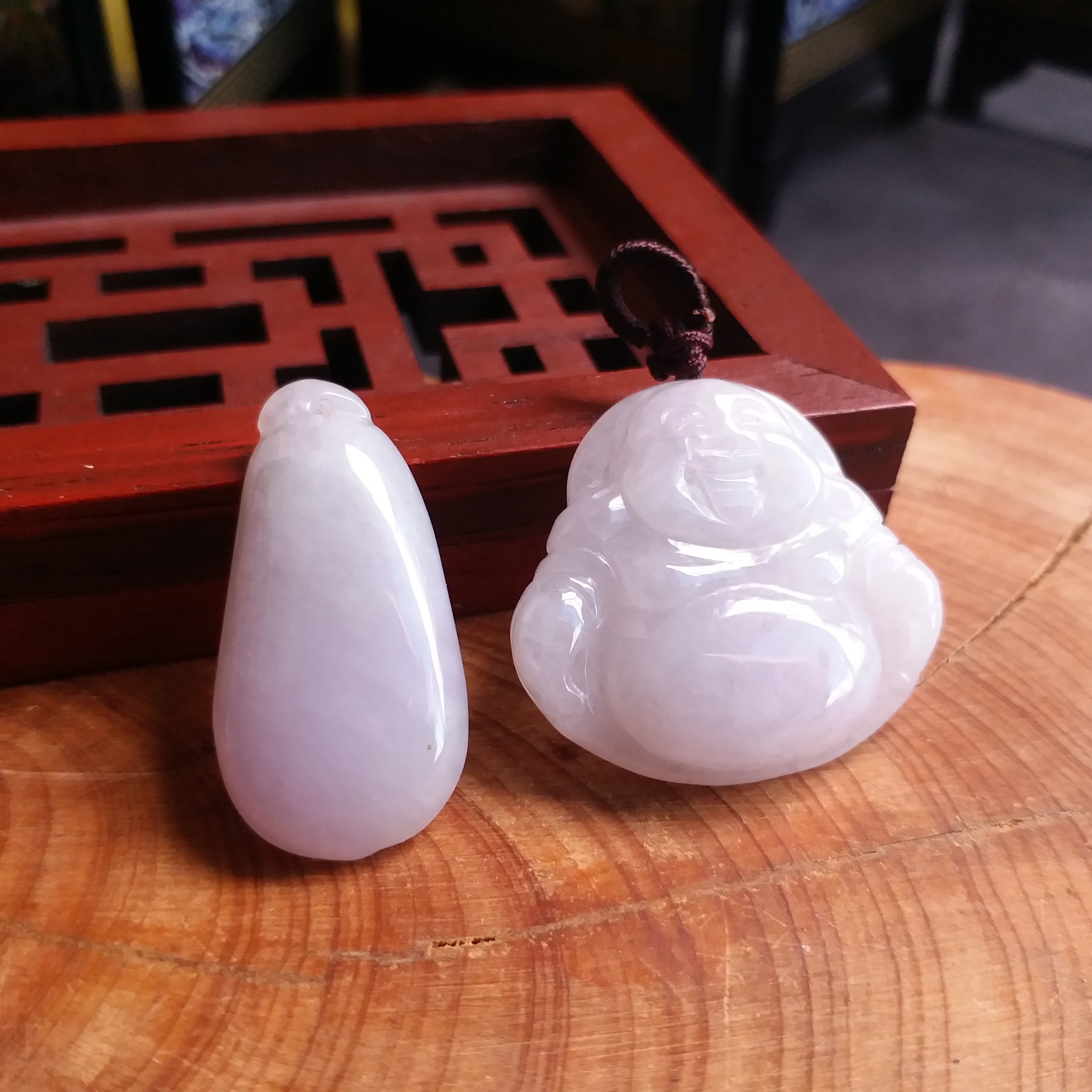 冰糯淺綠笑佛+冰糯紫羅蘭福瓜, 天然翡翠A玉, 緬甸玉, Jade, Jadeite