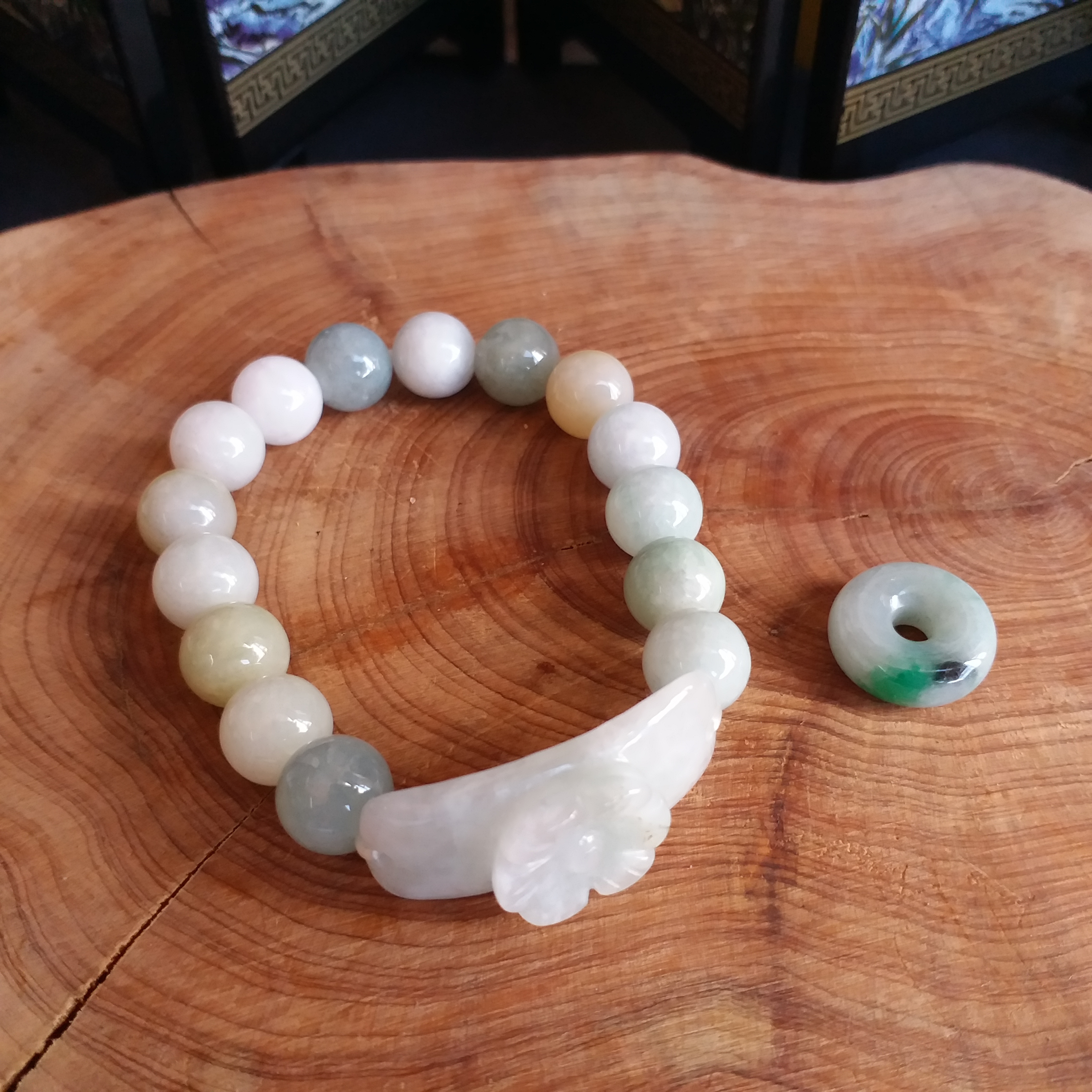 飄綠小平安扣+花牌手珠串, 天然翡翠A玉, 緬甸玉, Jade, Jadeite