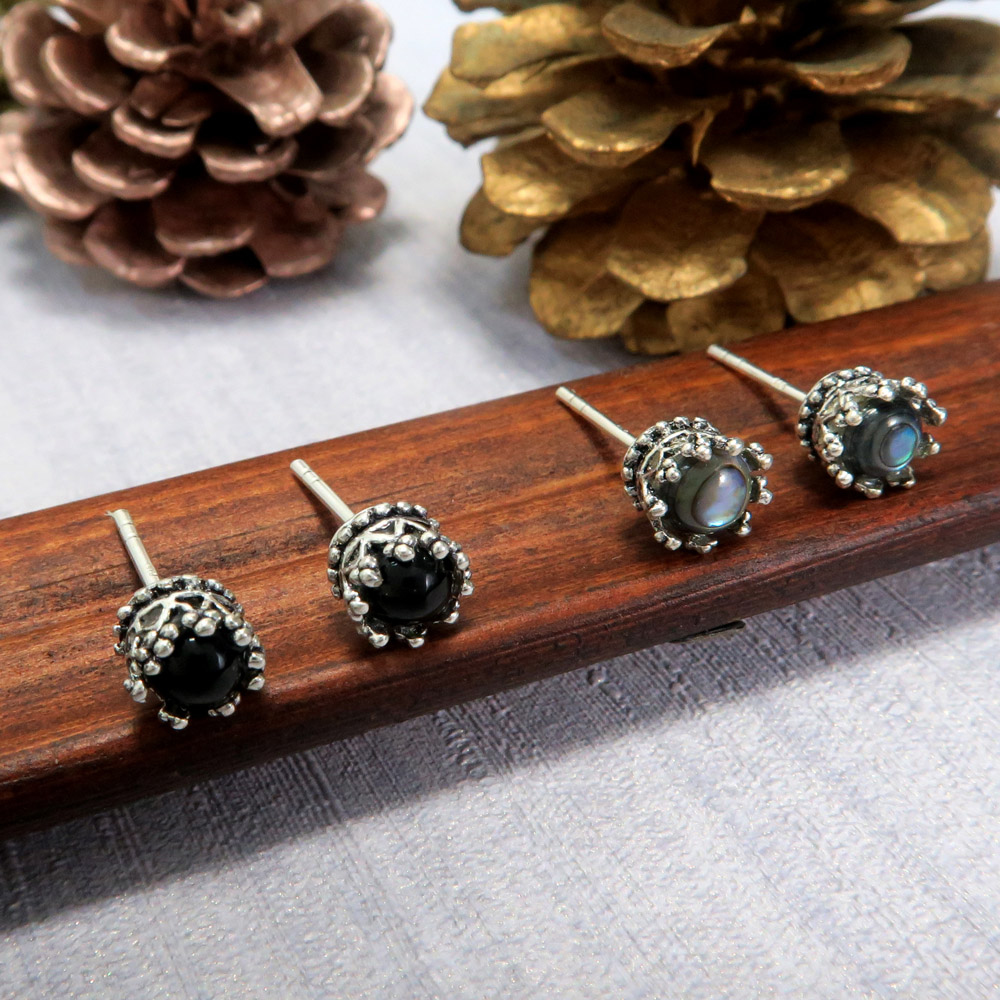 耳環 優雅翠冠-灰與黑  925純銀耳環(2色可選)