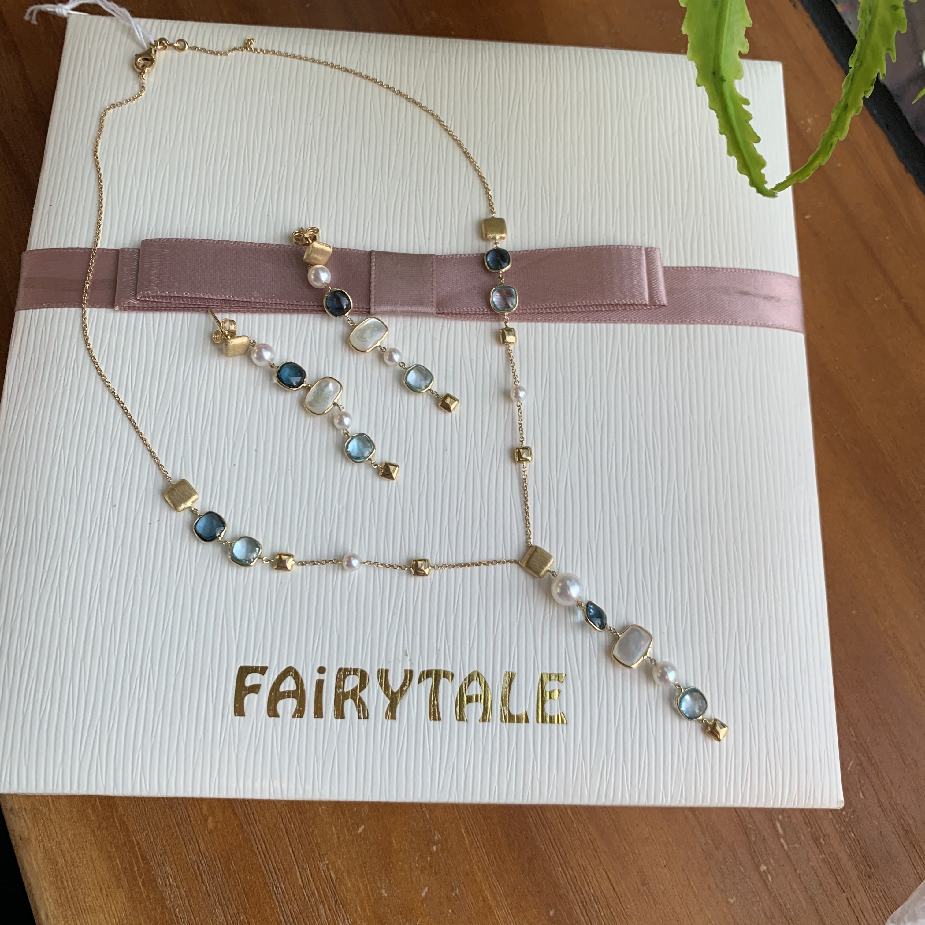 18K金意大利設計Akoya珍珠托帕石珍珠母貝項鍊/耳環