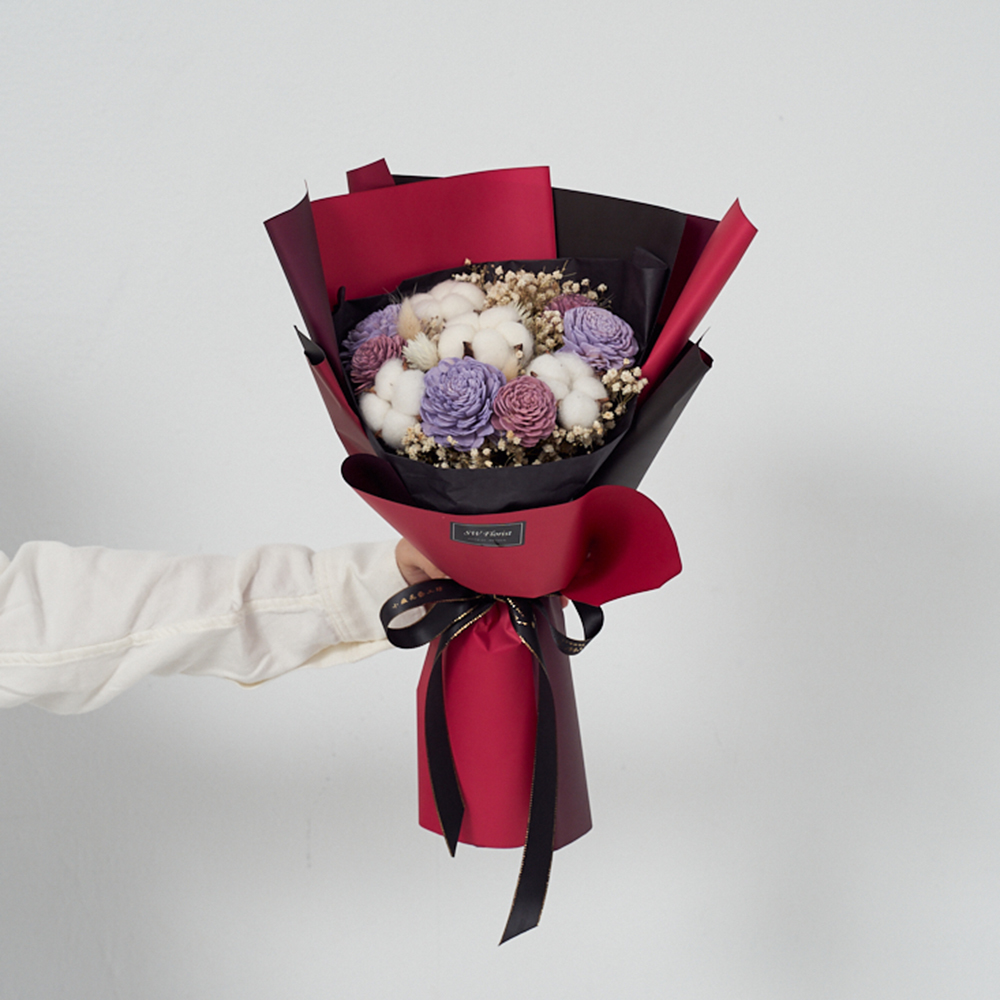 ｜乾燥花束 畢業花束 情人節禮物 葡萄紫 酒紅雙色包裝 中型花束｜