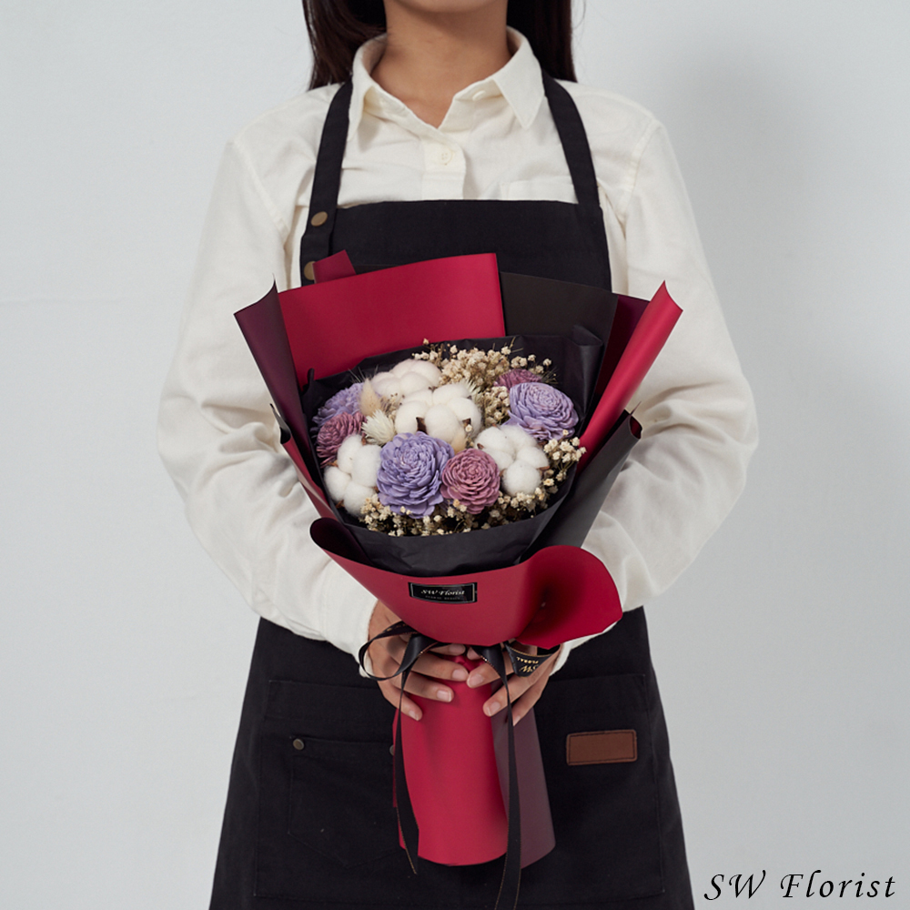 ｜乾燥花束 畢業花束 情人節禮物 葡萄紫 酒紅雙色包裝 中型花束｜