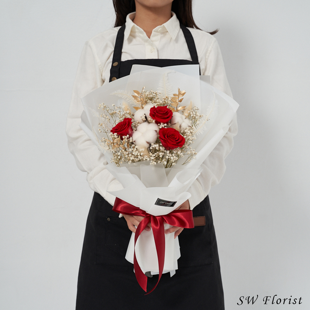 永生玫瑰花束(亮紅色/中型)【雪裡的玫瑰】｜情人節花束、畢業花束、聖誕節禮物