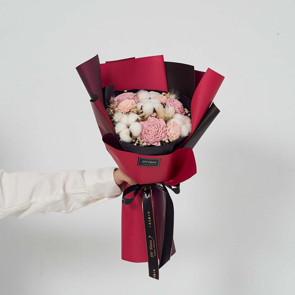 ｜乾燥花束 畢業花束 情人節禮物 甜蜜粉 酒紅雙色包裝 中型花束｜