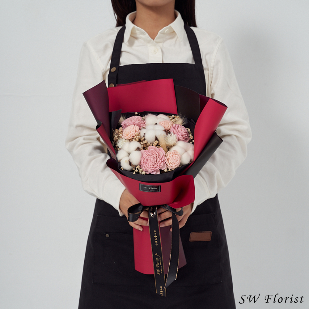 ｜乾燥花束 畢業花束 情人節禮物 甜蜜粉 酒紅雙色包裝 中型花束｜