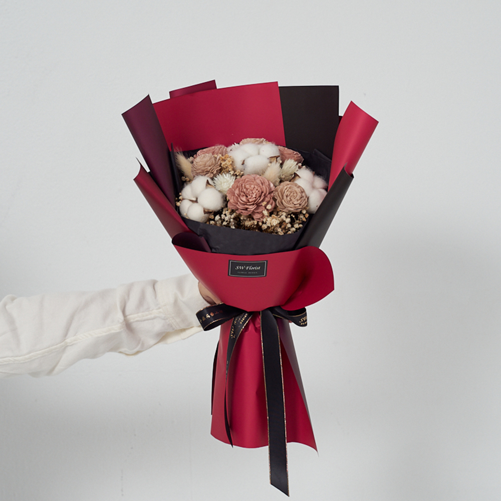 ｜乾燥花束 畢業花束 情人節禮物 藕粉色 酒紅雙色包裝 中型花束｜