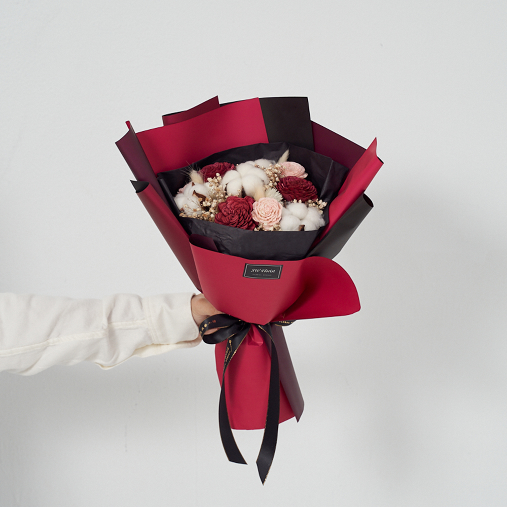 ｜乾燥花束 畢業花束 情人節禮物 紅粉佳人 酒紅雙色包裝 中型花束｜