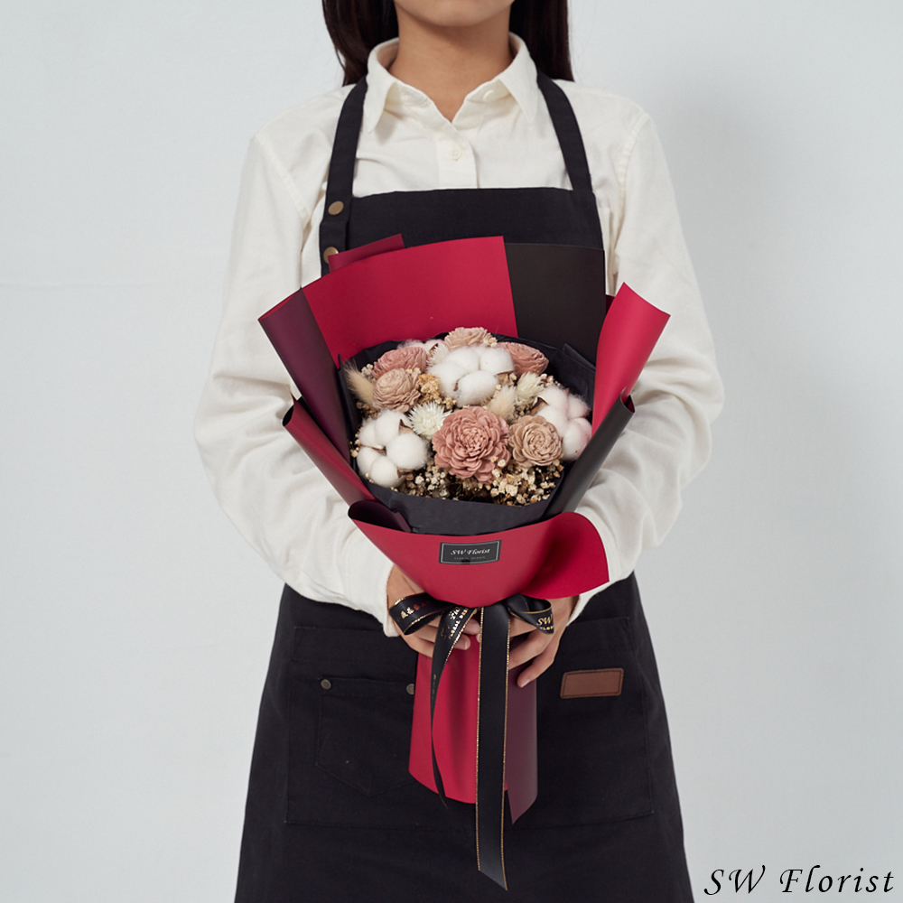 ｜乾燥花束 畢業花束 情人節禮物 藕粉色 酒紅雙色包裝 中型花束｜