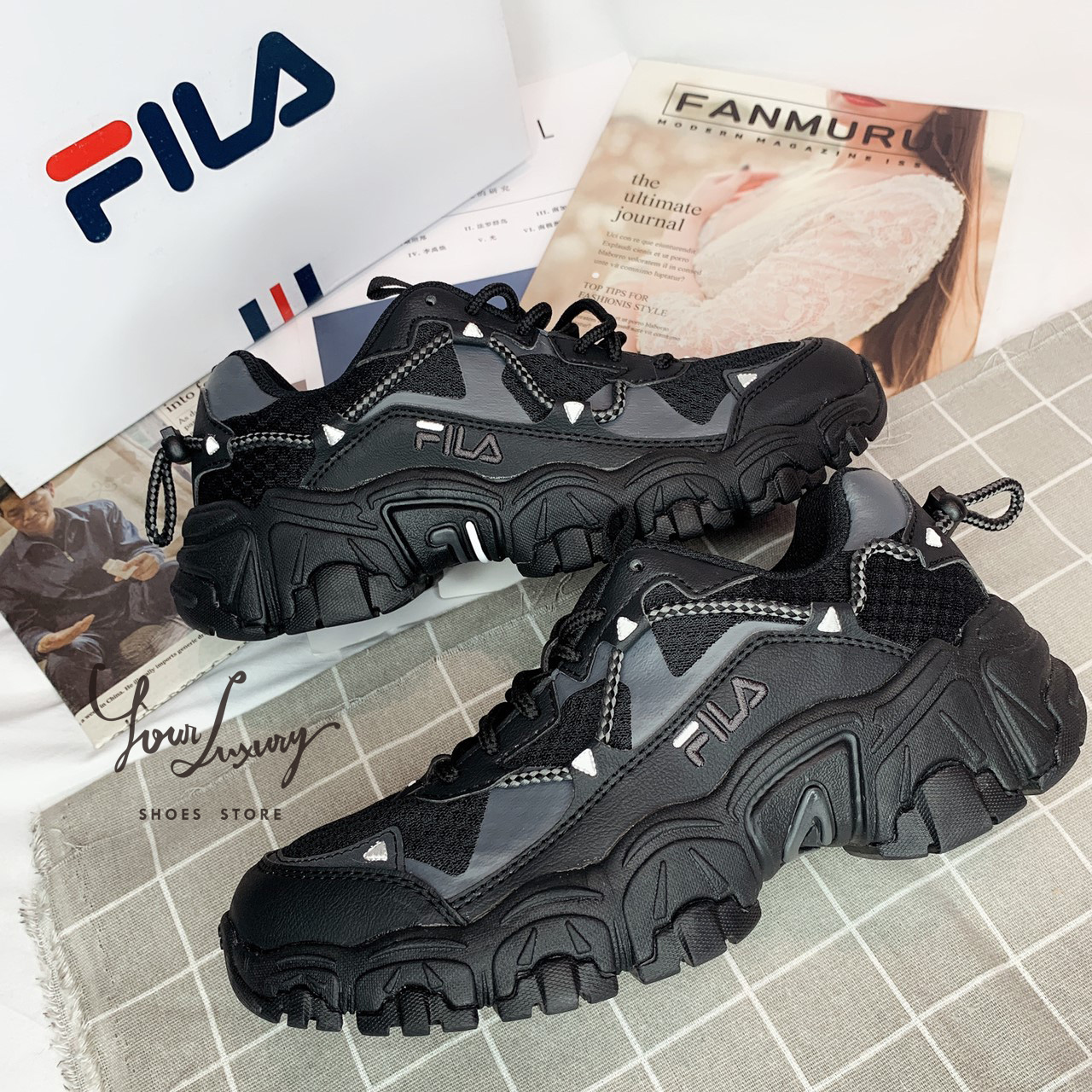 【Luxury】Fila 熱門 貓爪鞋 小紅書熱搜款 貓掌底 貓抓 紅藍 黑 男女鞋 情侶鞋 老爹鞋 三角反光 串繩