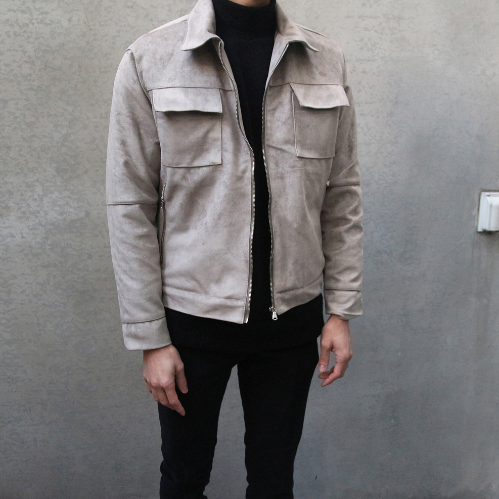 麂皮雙口袋短款夾克 / 灰M / 不提供退換貨